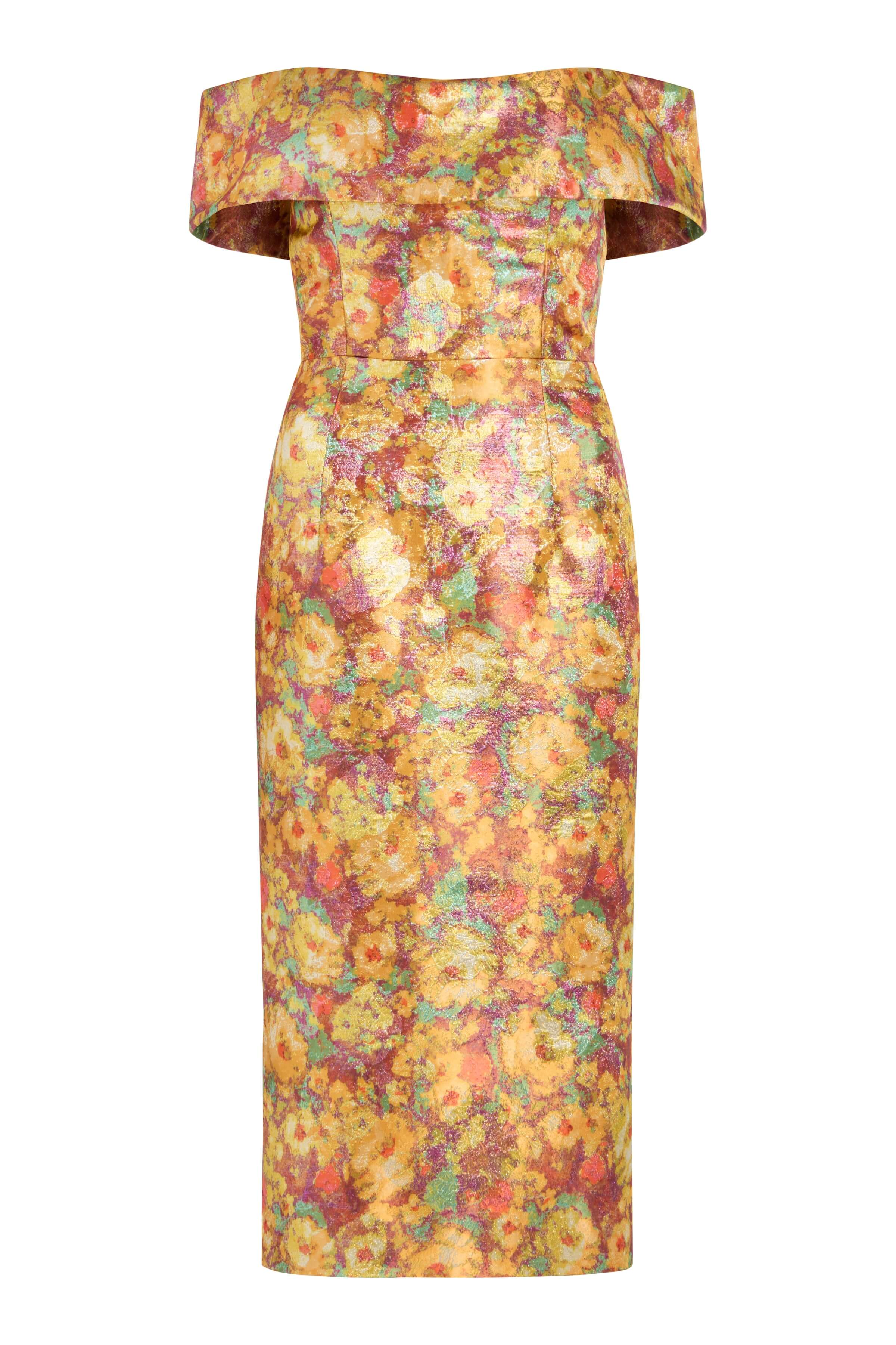 Gloria Golden Metallic Floral Brocade Midi Dress