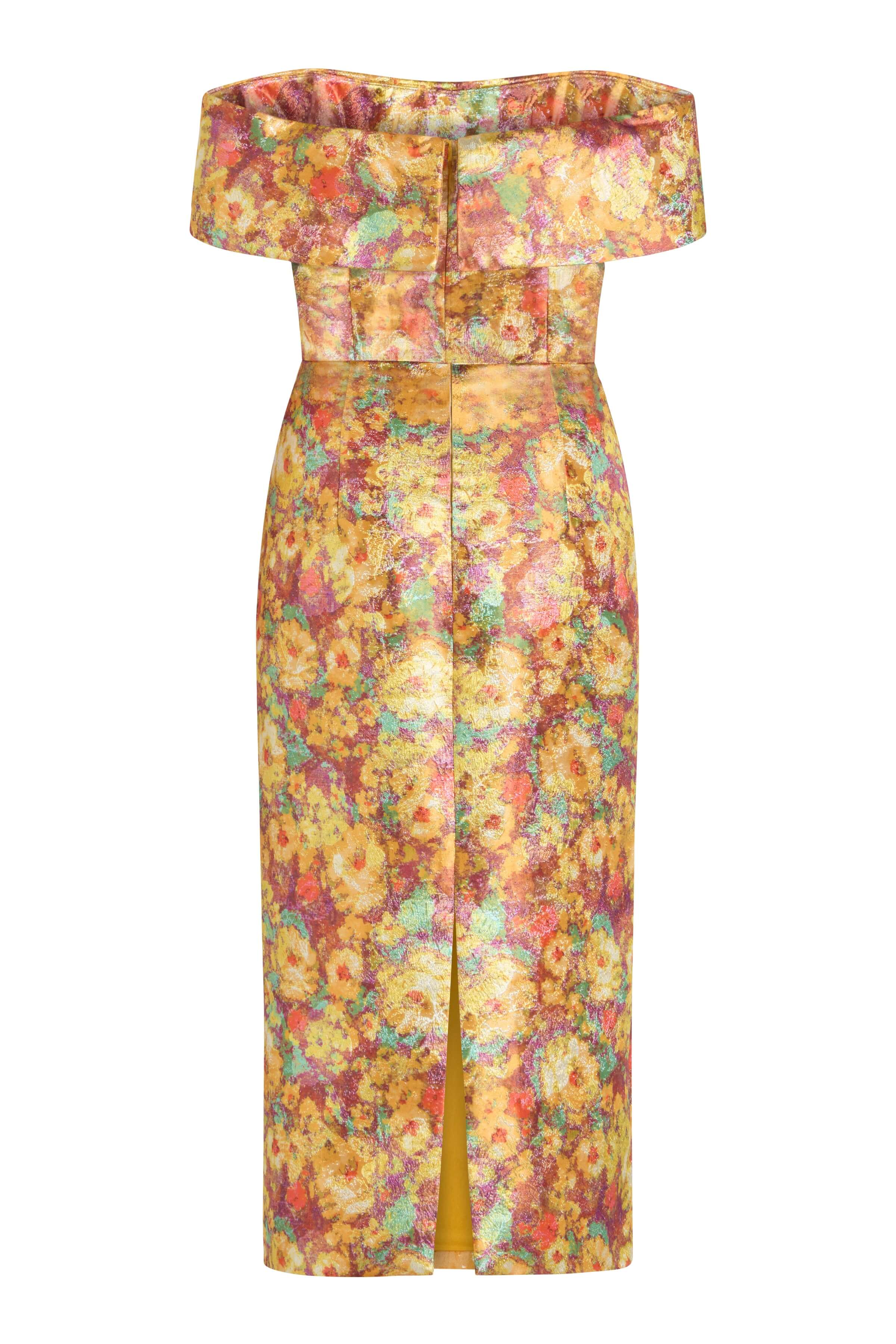 Gloria Golden Metallic Floral Brocade Midi Dress