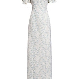 Isidore Blue Bow Floral Ikat Puff Sleeve Column Gown