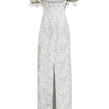 Isidore Blue Bow Floral Ikat Puff Sleeve Column Gown