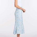 June Cornflower And Mint Brocade Asymmetric Flounce Midi Skirt
