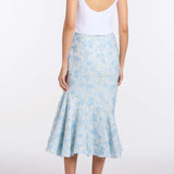 June Cornflower And Mint Brocade Asymmetric Flounce Midi Skirt