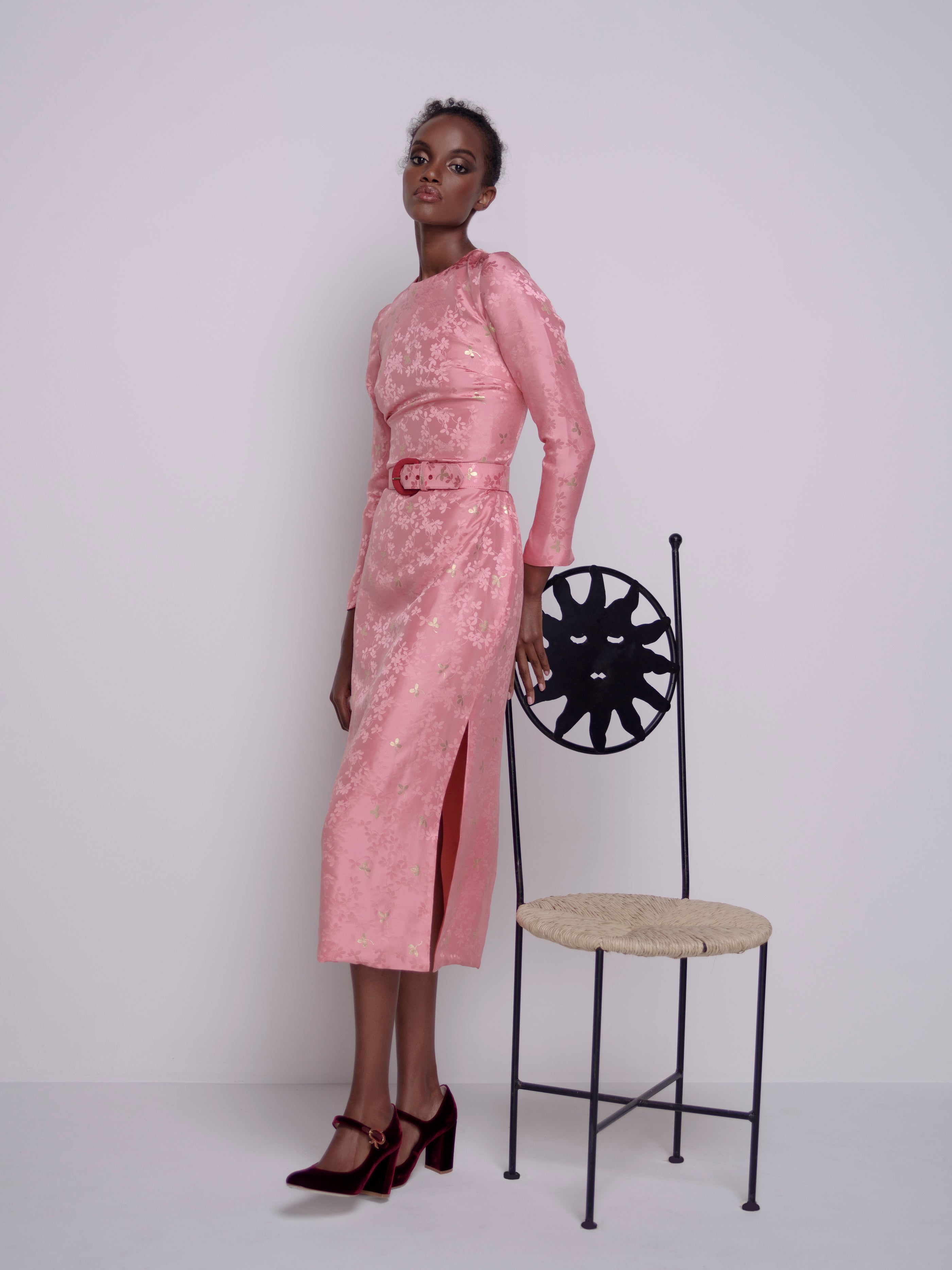 Arizona Dusty Pink Floral Long Sleeve Belted Midi Dress