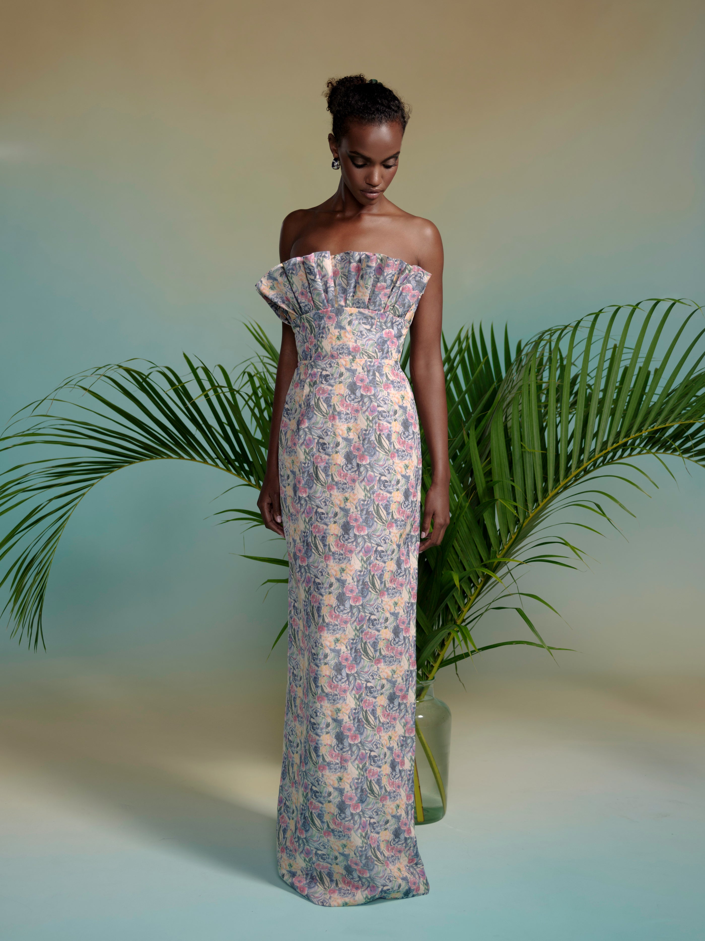 SALE: Demetra Floral Ruffled Bodice Gown