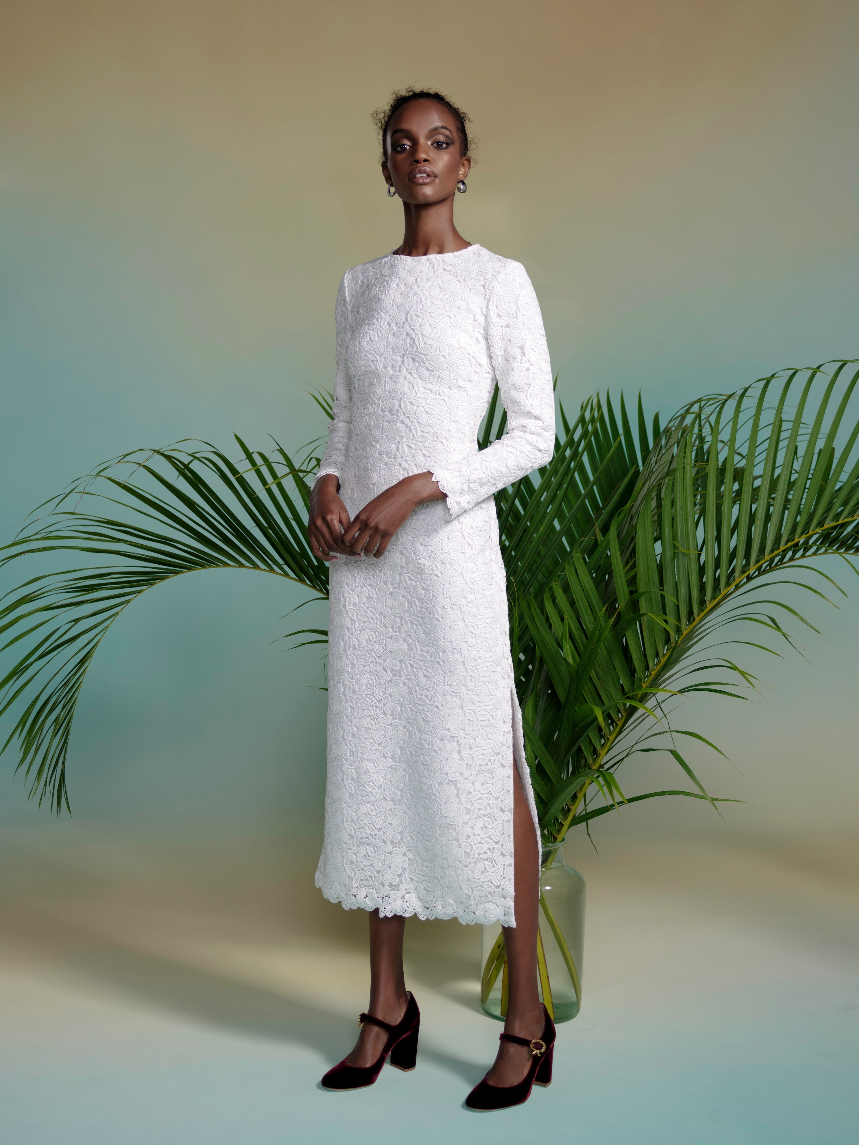 Arizona White Crochet Lace Long Sleeve Midi Dress