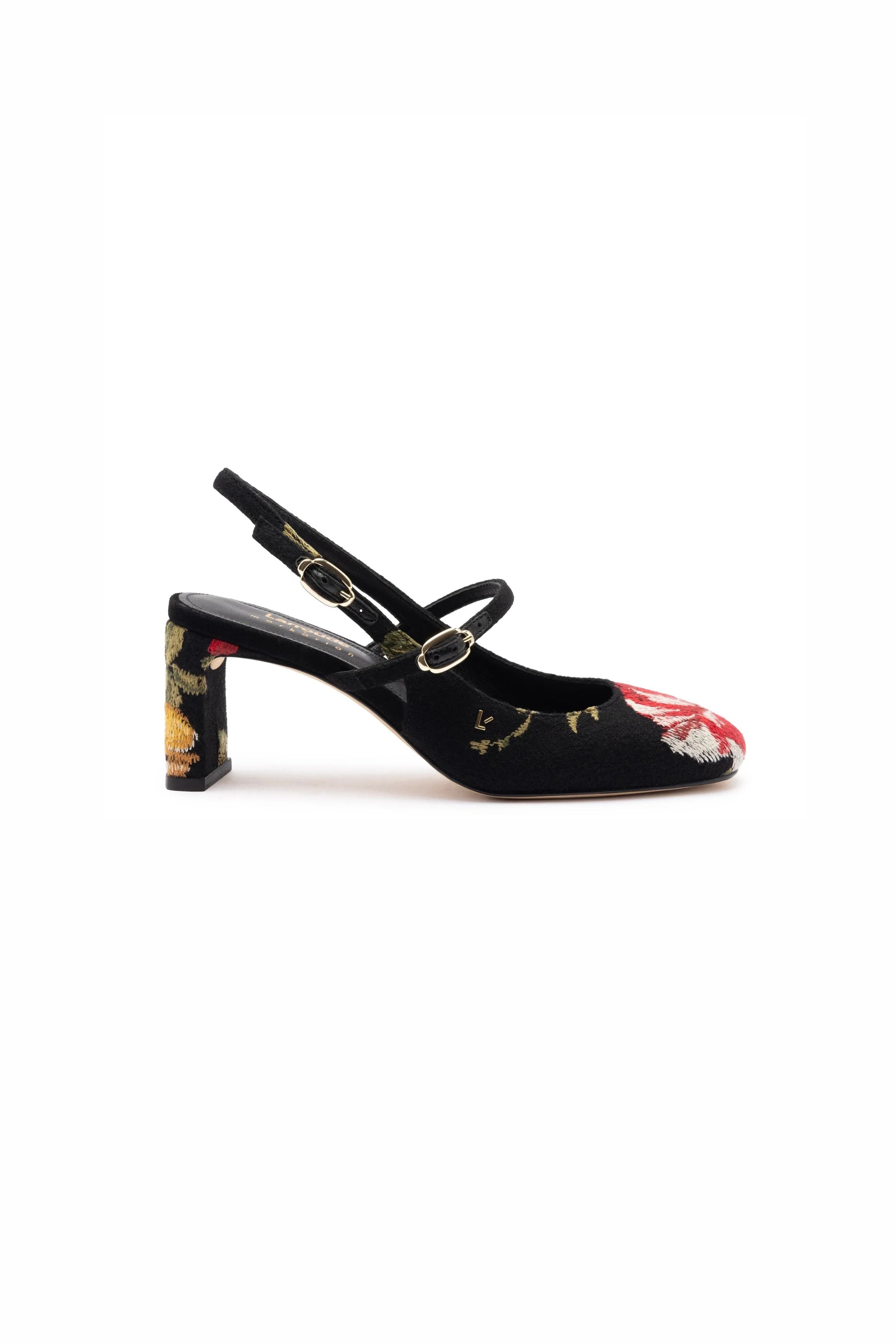 Larroudé x Markarian Pump In Black Wool and Floral Embroidery