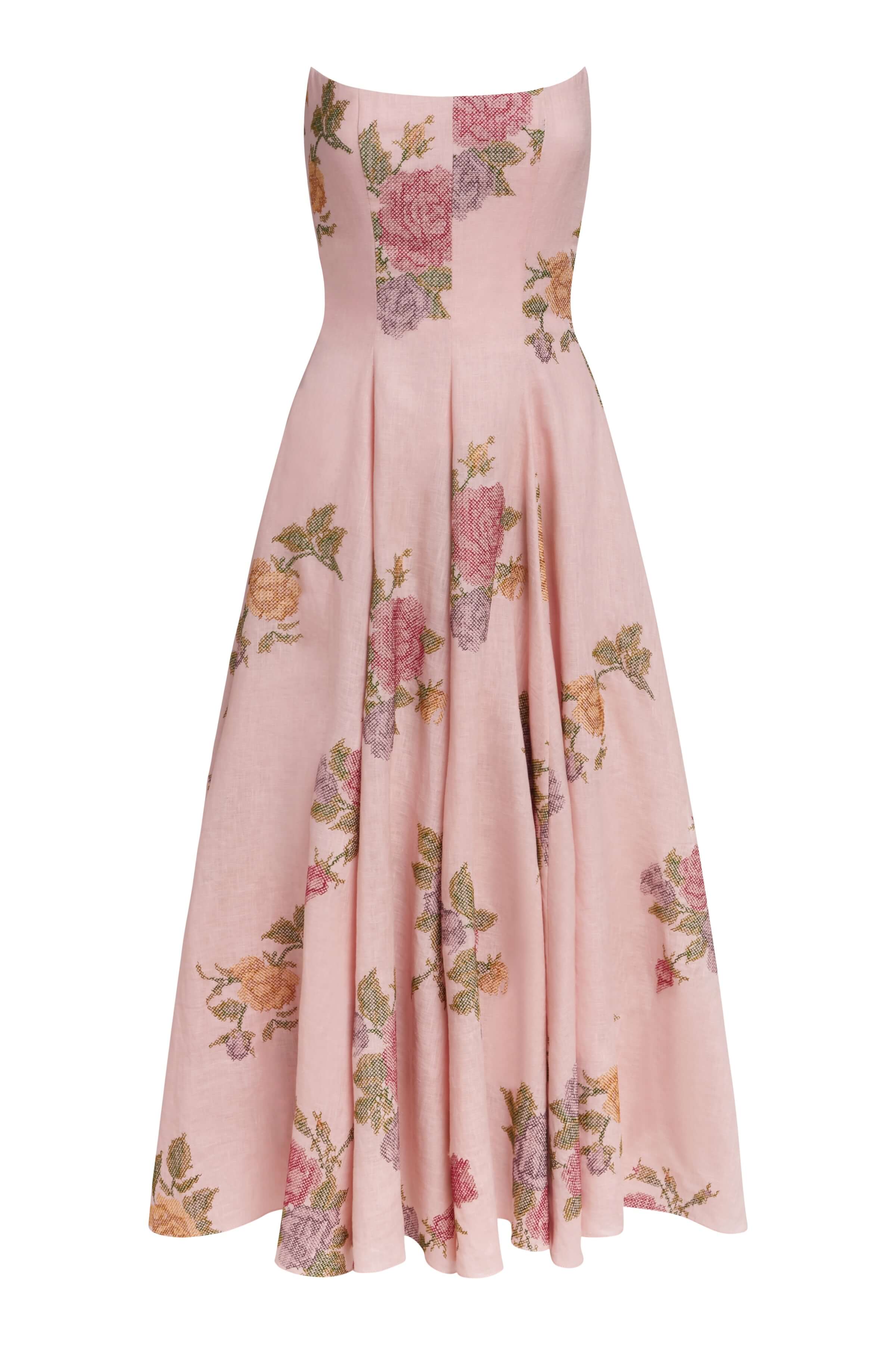 Rousseau Cross Stitch Linen Strapless Midi Dress