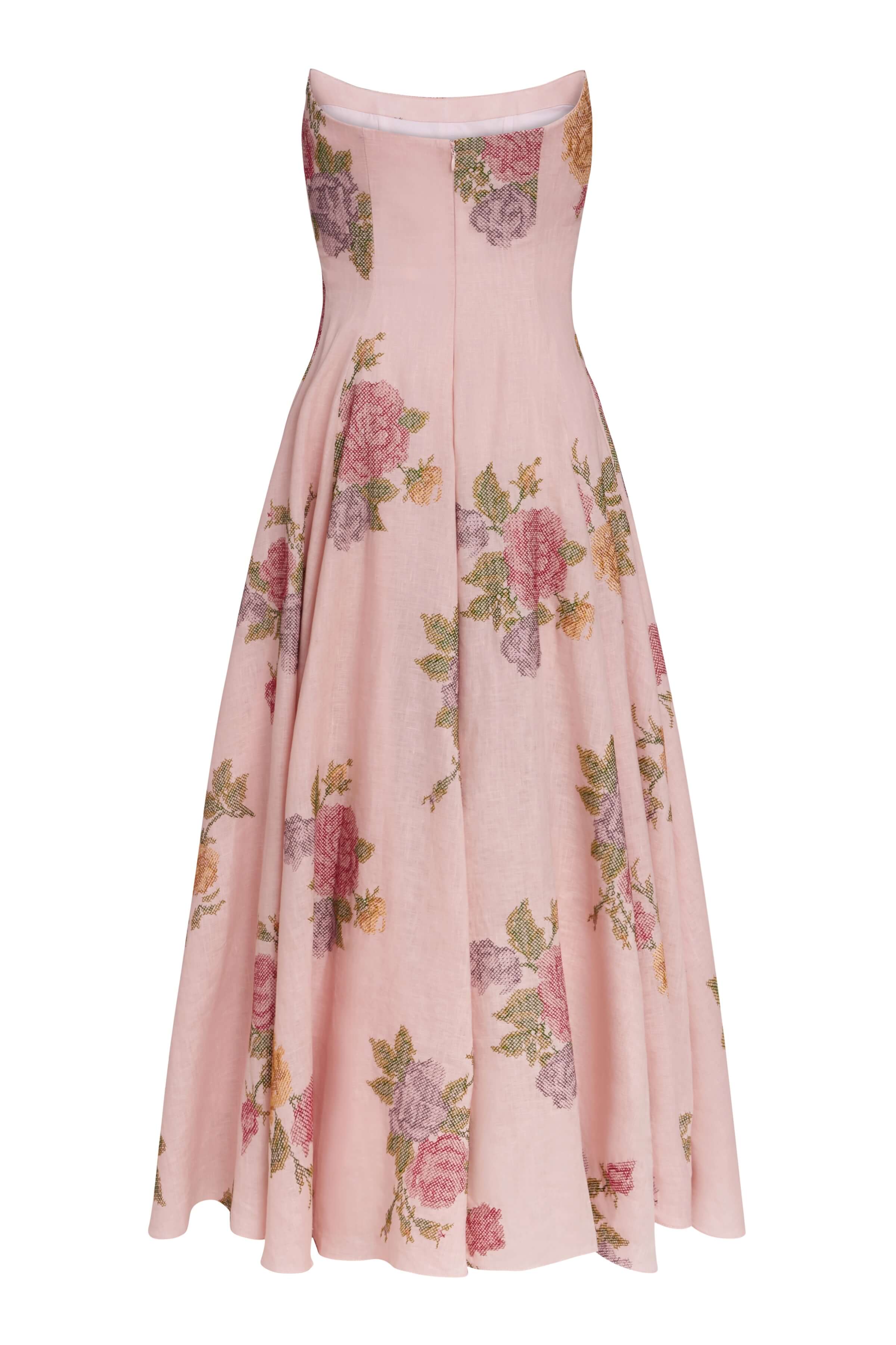 Rousseau Cross Stitch Linen Strapless Midi Dress