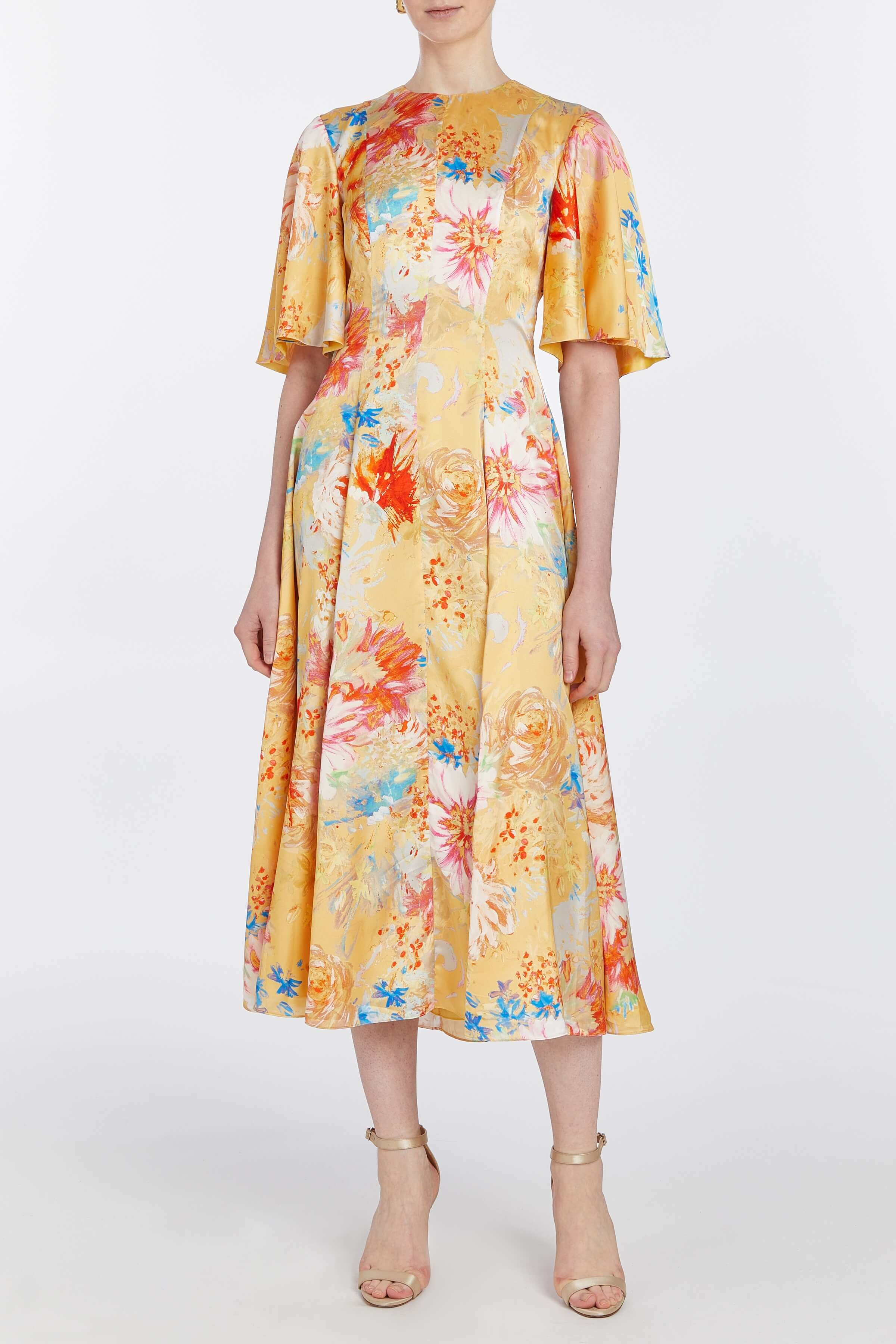 Sarah Yellow Printed Satin Midi Dress