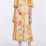 Sarah Yellow Printed Satin Midi Dress
