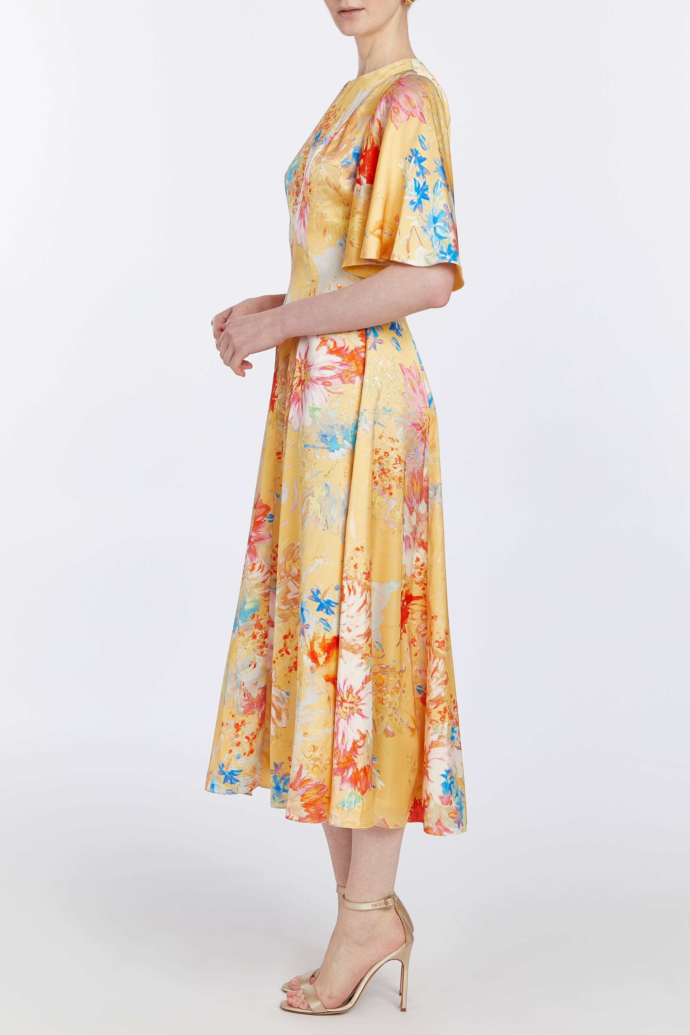 Sarah Yellow Printed Satin Midi Dress