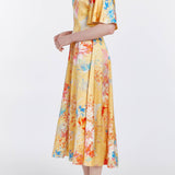 Sarah Yellow Printed Satin Midi Dress