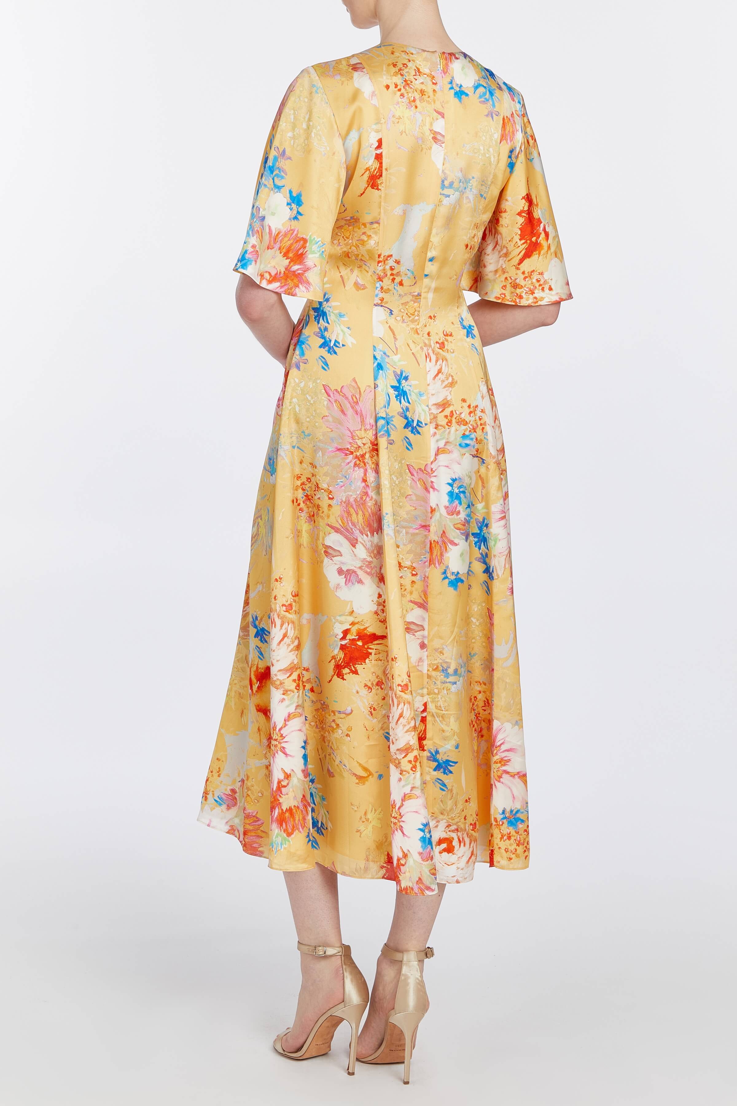 Sarah Yellow Printed Satin Midi Dress