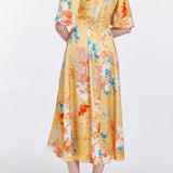 Sarah Yellow Printed Satin Midi Dress
