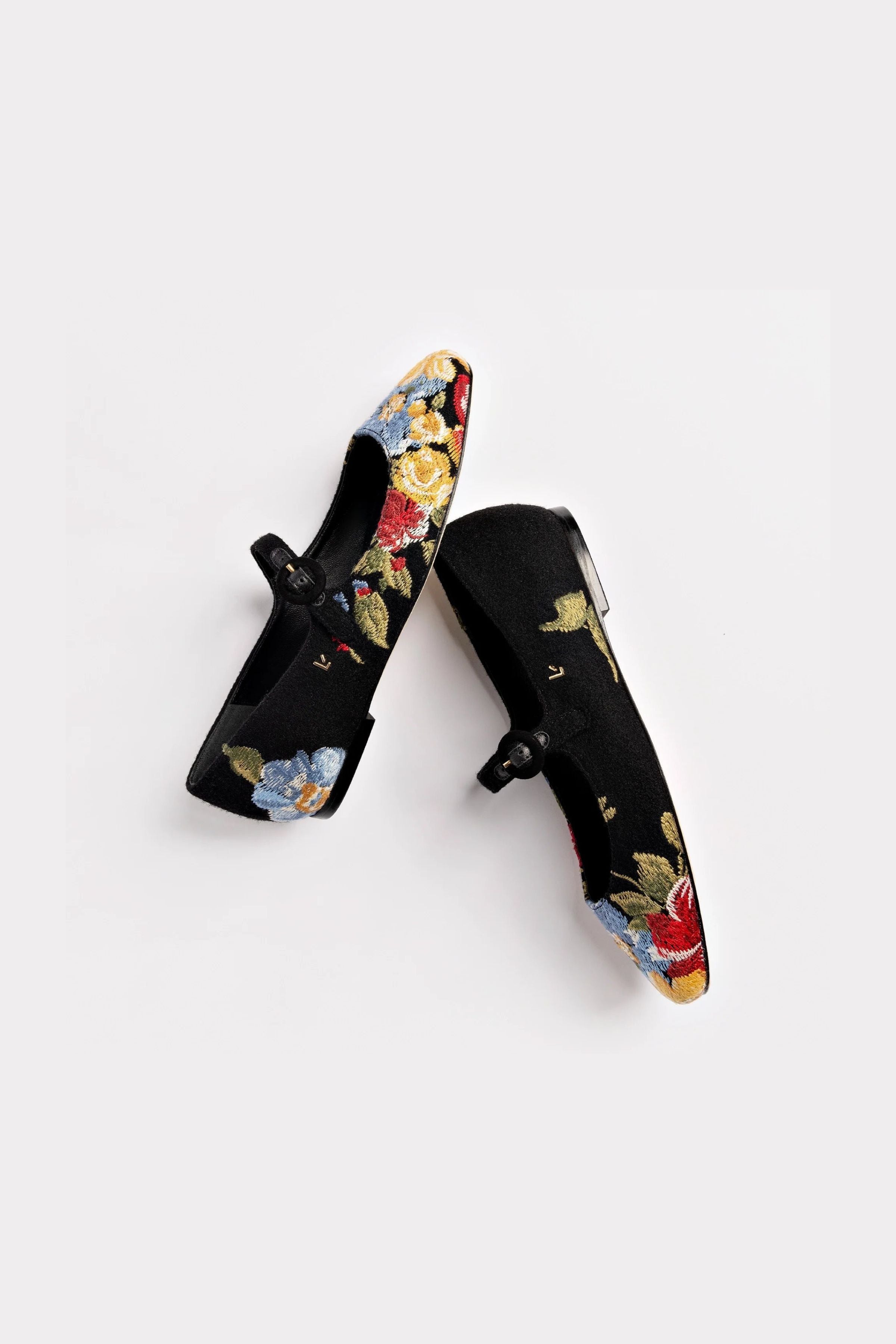 Larroudé x Markarian Flat In Floral Wool and Black Embroidery