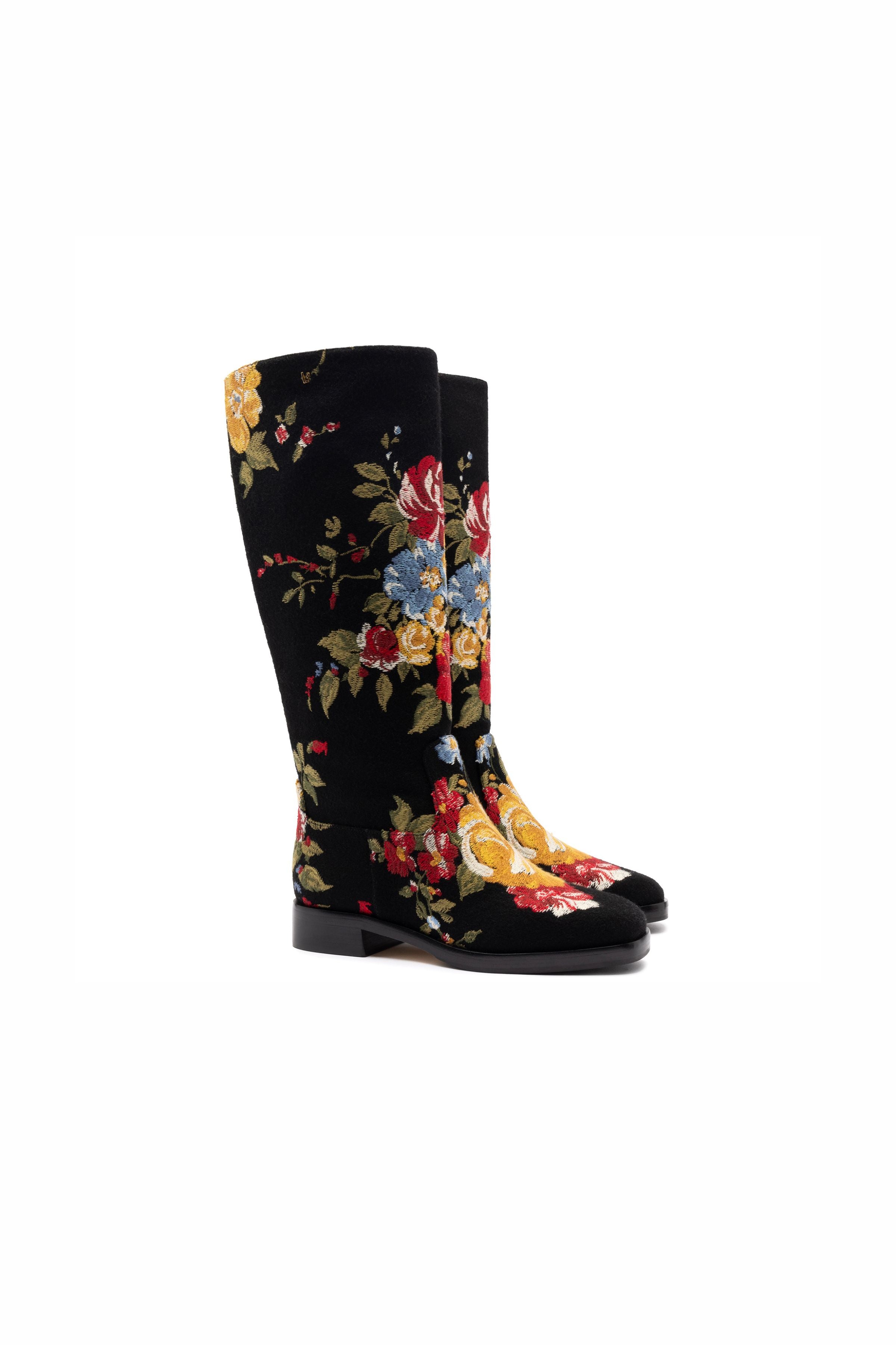 Larroudé x Markarian Flat Boot In Black Wool and Floral Embroidery