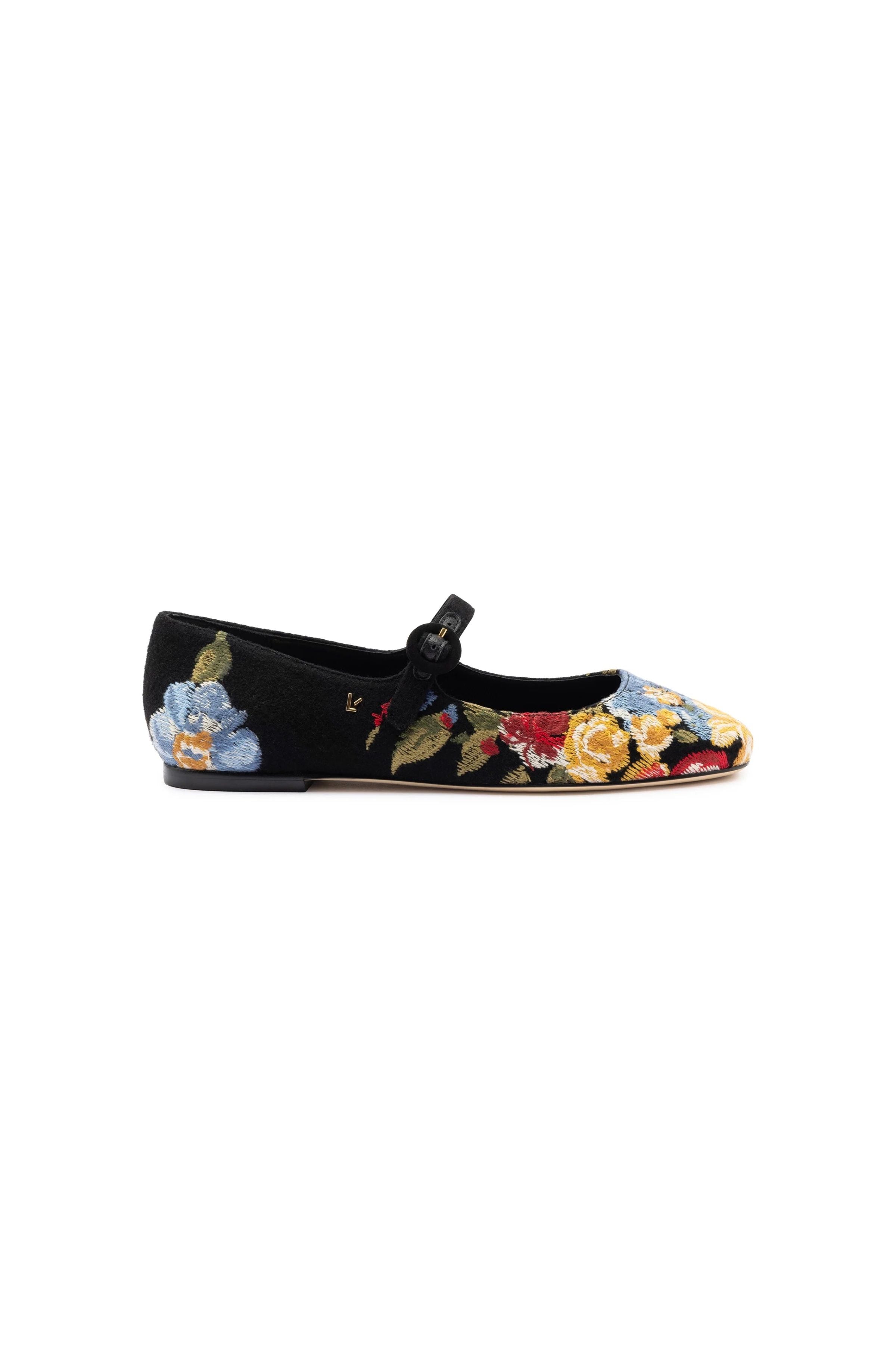 Larroudé x Markarian Flat In Floral Wool and Black Embroidery