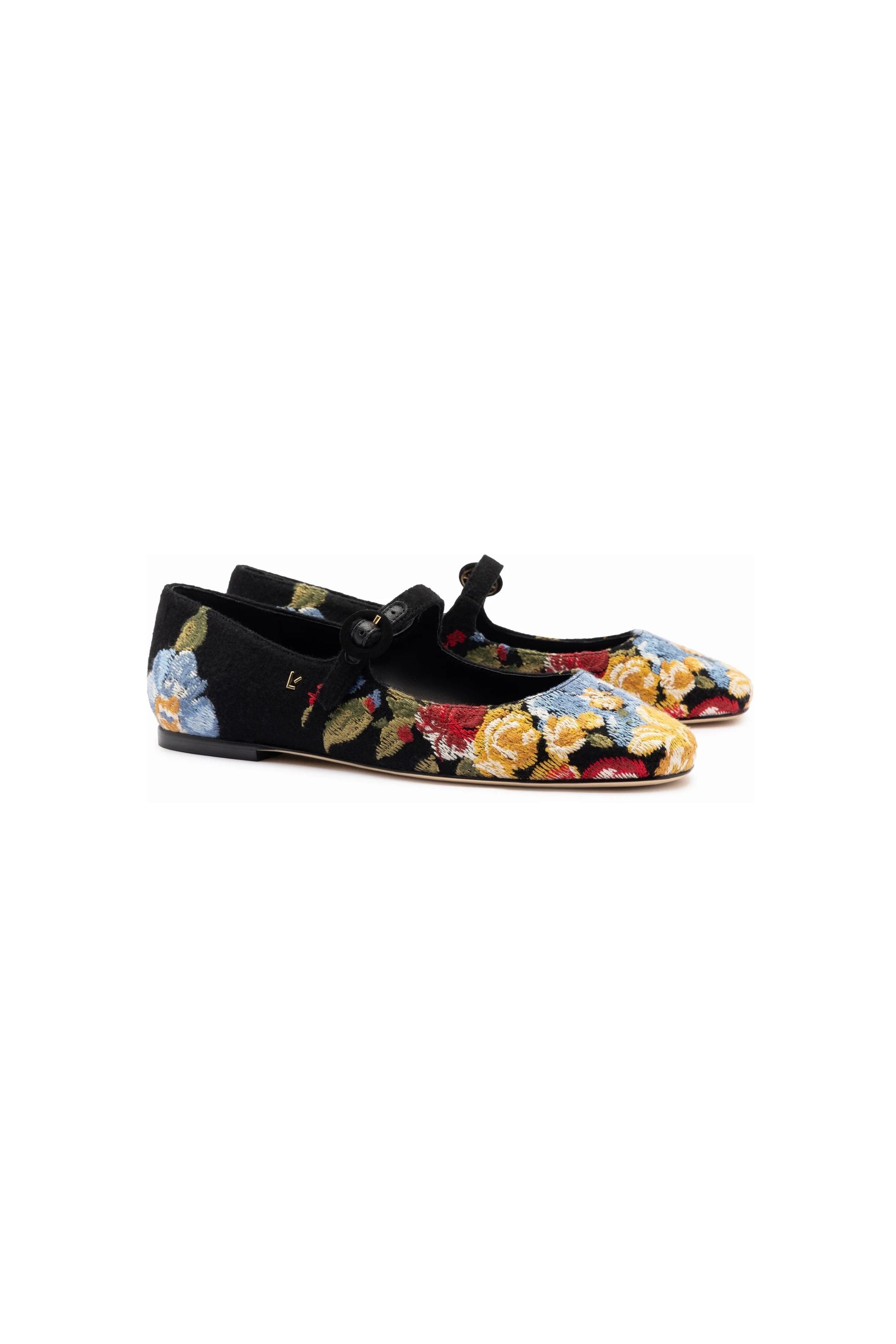 Larroudé x Markarian Flat In Floral Wool and Black Embroidery