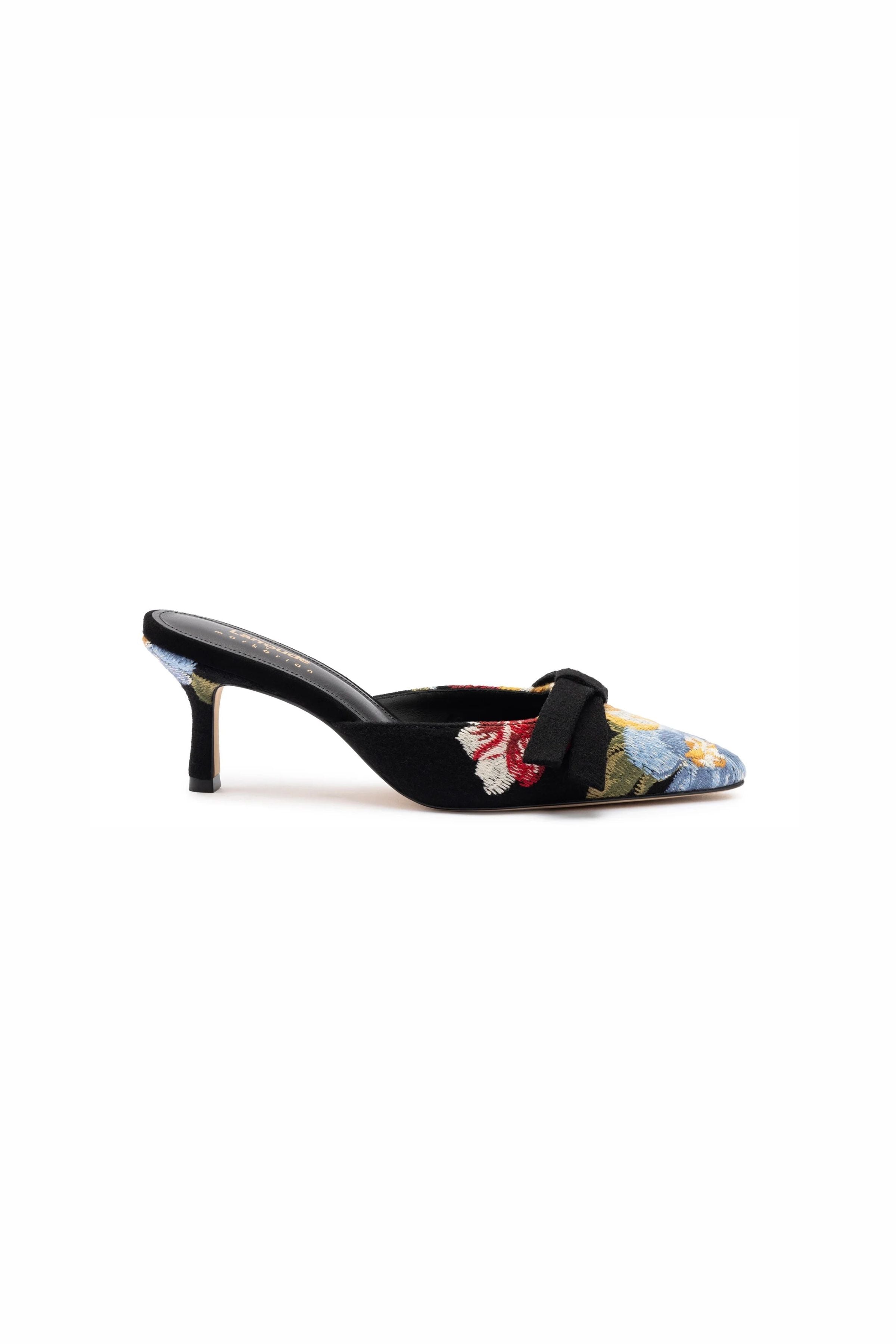 Larroudé x Markarian Mule In Black Wool and Floral Embroidery