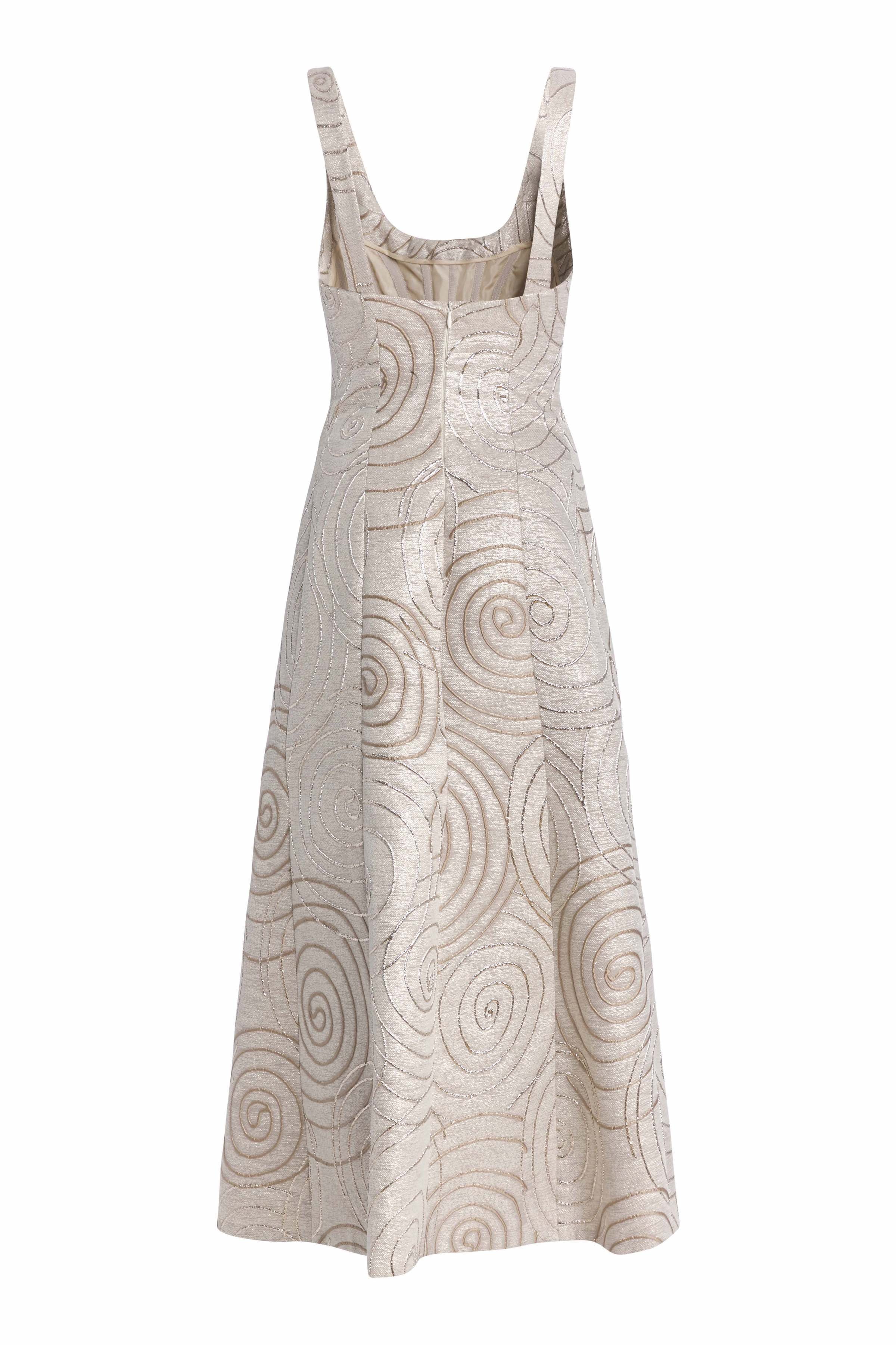 Judith Metallic Swirl Brocade Paneled Corset A-Line Dress