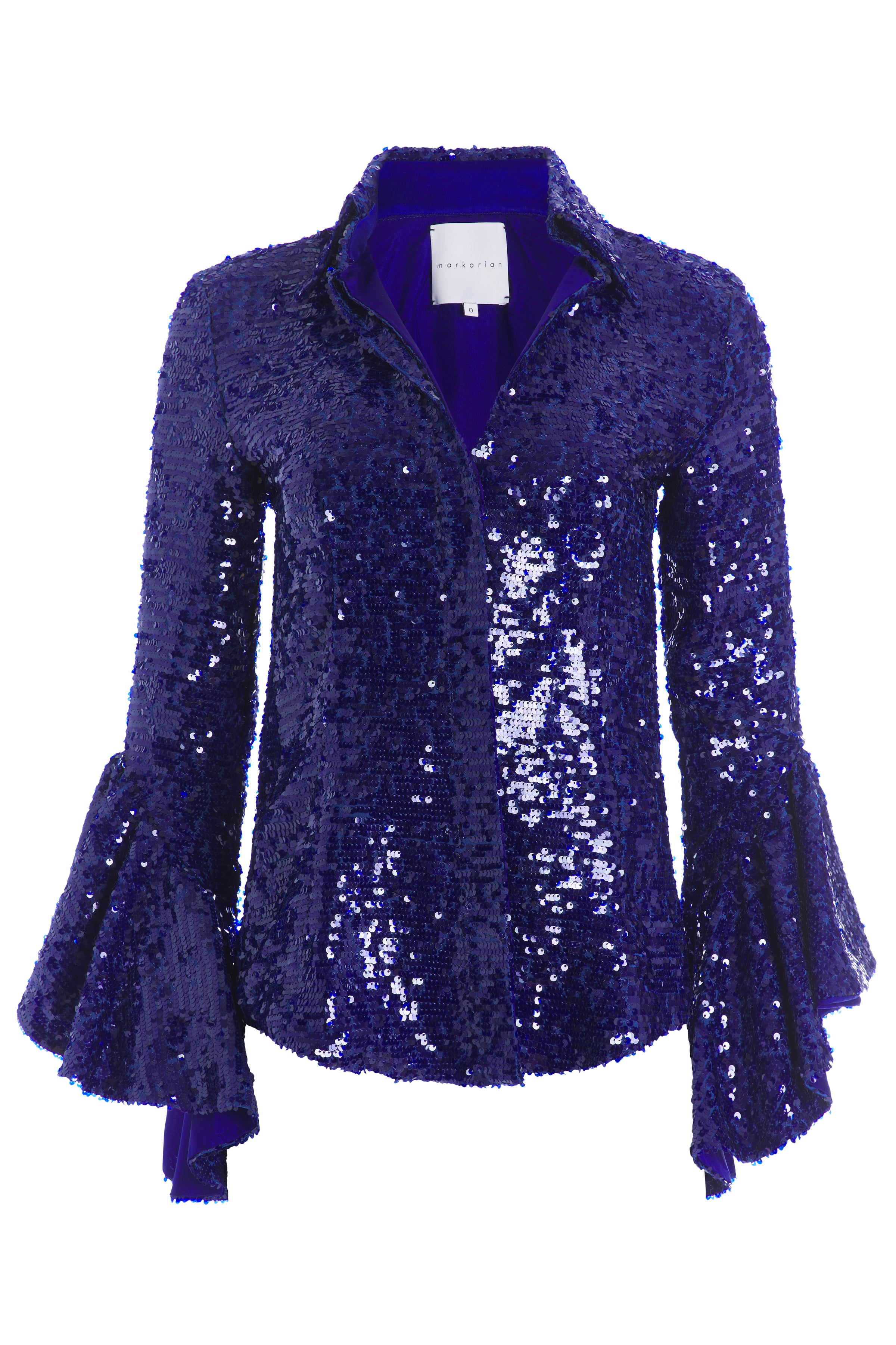 Wilma Cobalt Sequin Ruffle Sleeved Button Down Top