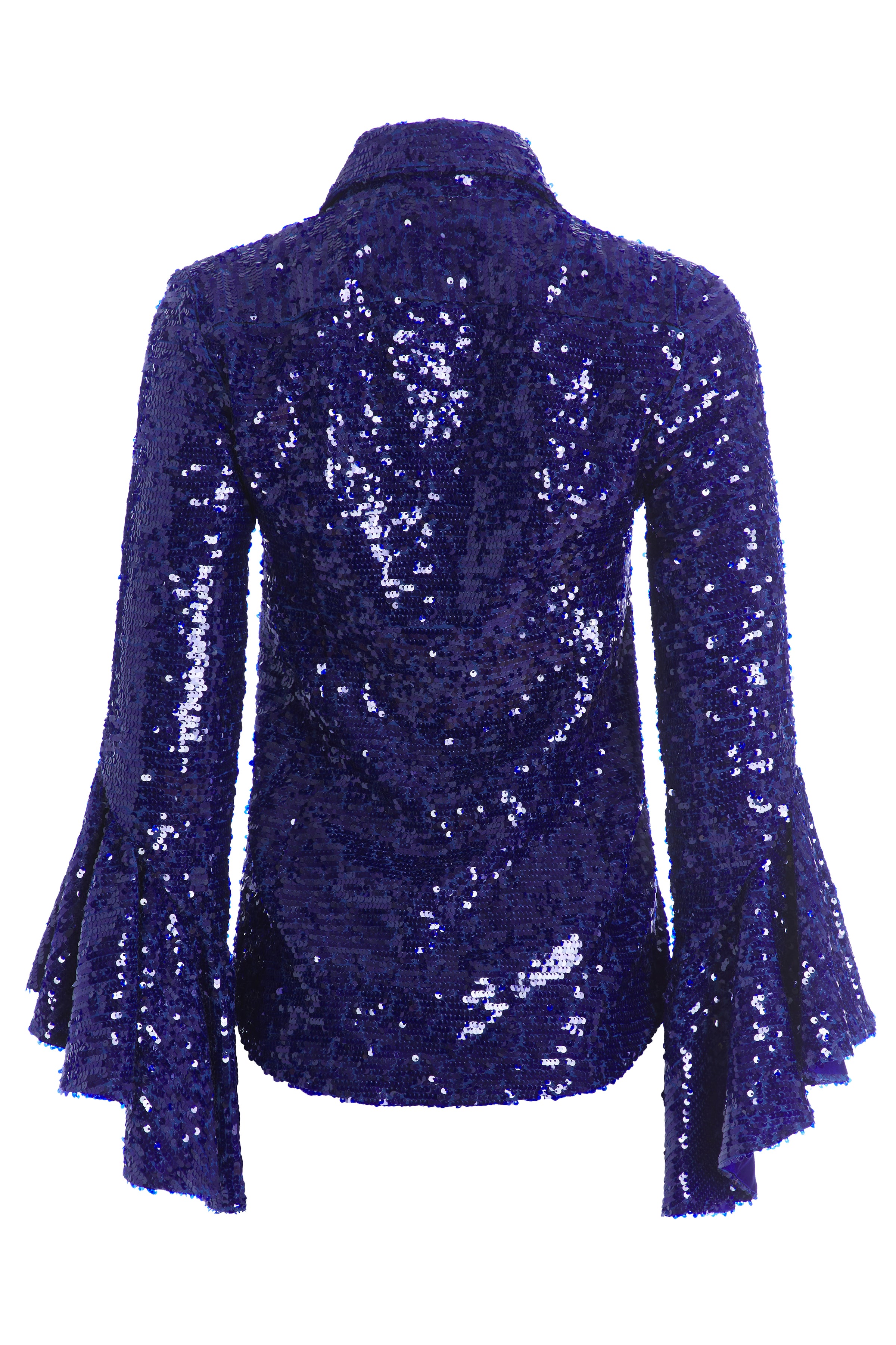 Wilma Cobalt Sequin Ruffle Sleeved Button Down Top