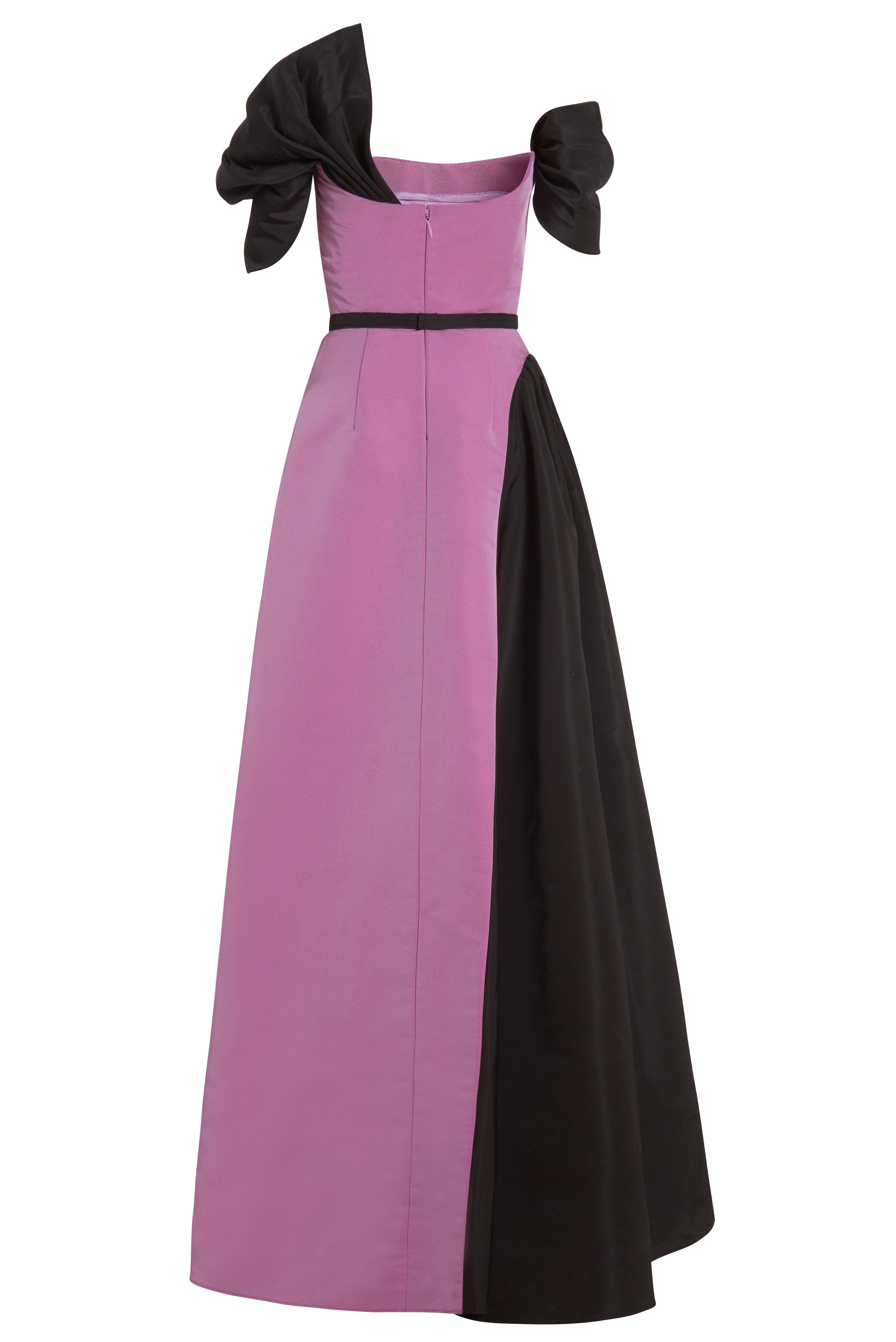 Edith Lilac And Black Silk Faille Asymmetric Drape Shoulder Gown