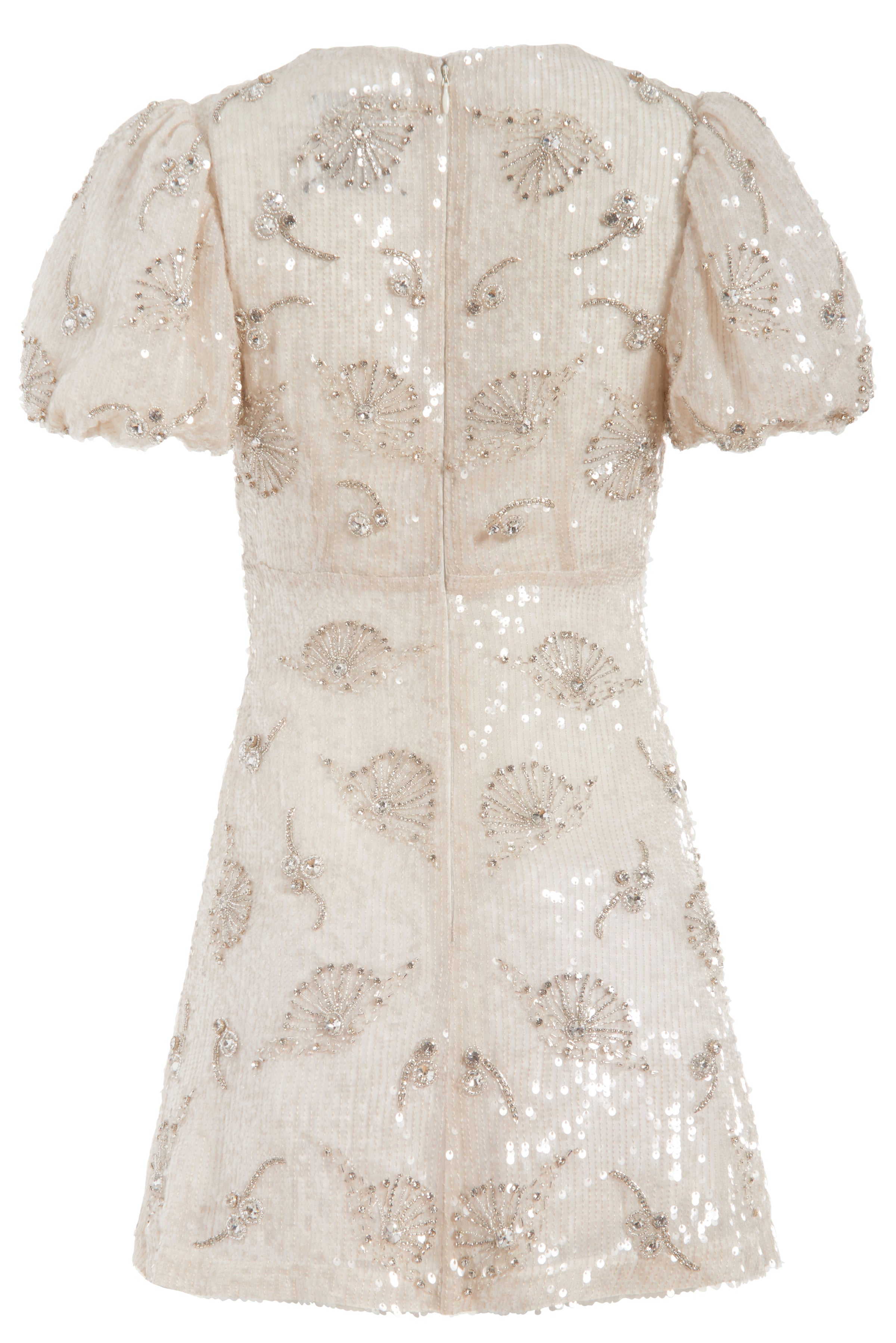 Ethel Ivory Floral Crystal Sequin Puff Mini Dress
