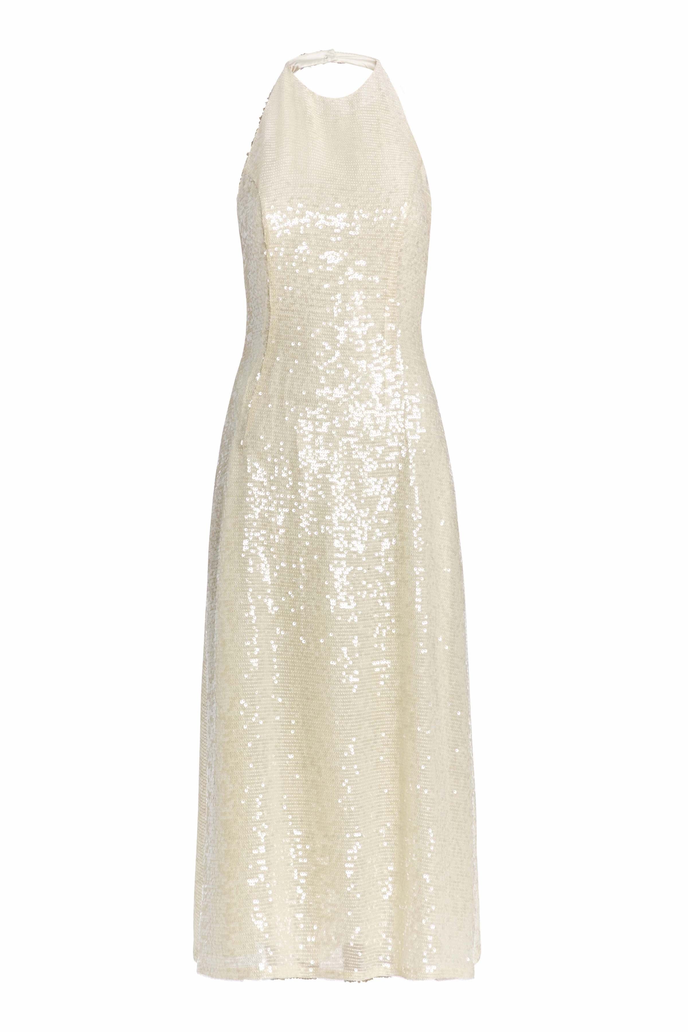 Lucille Champagne Sequin Halter Dress