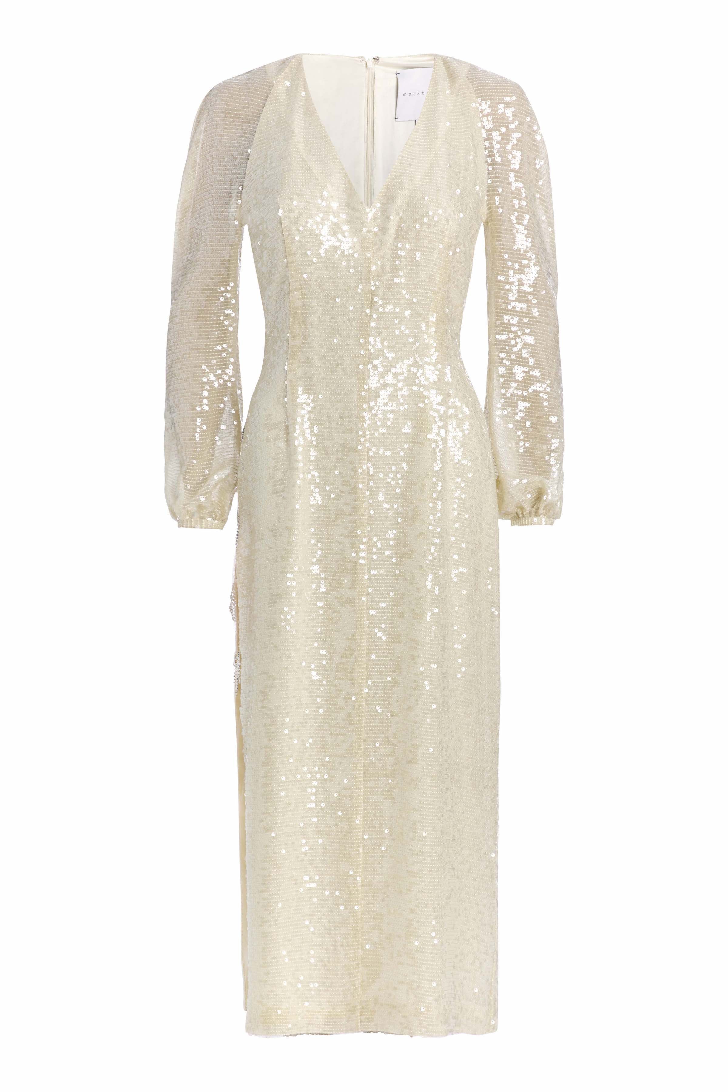 Phyllis Champagne Sequin V Neck Blouson Sleeve Midi Dress