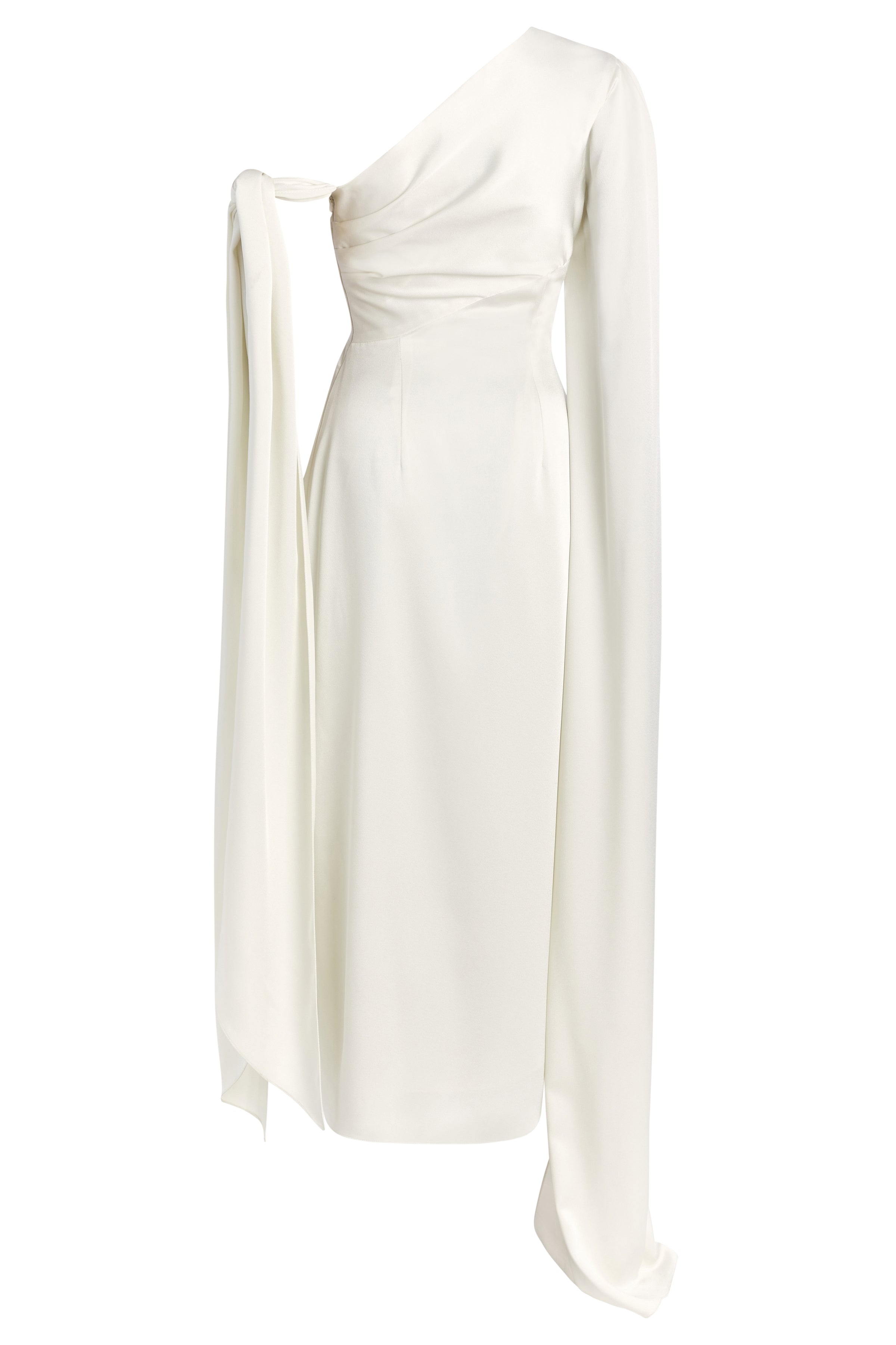 Dali Off White One Shouldered Draped Midi Dress With Shoulder Ties