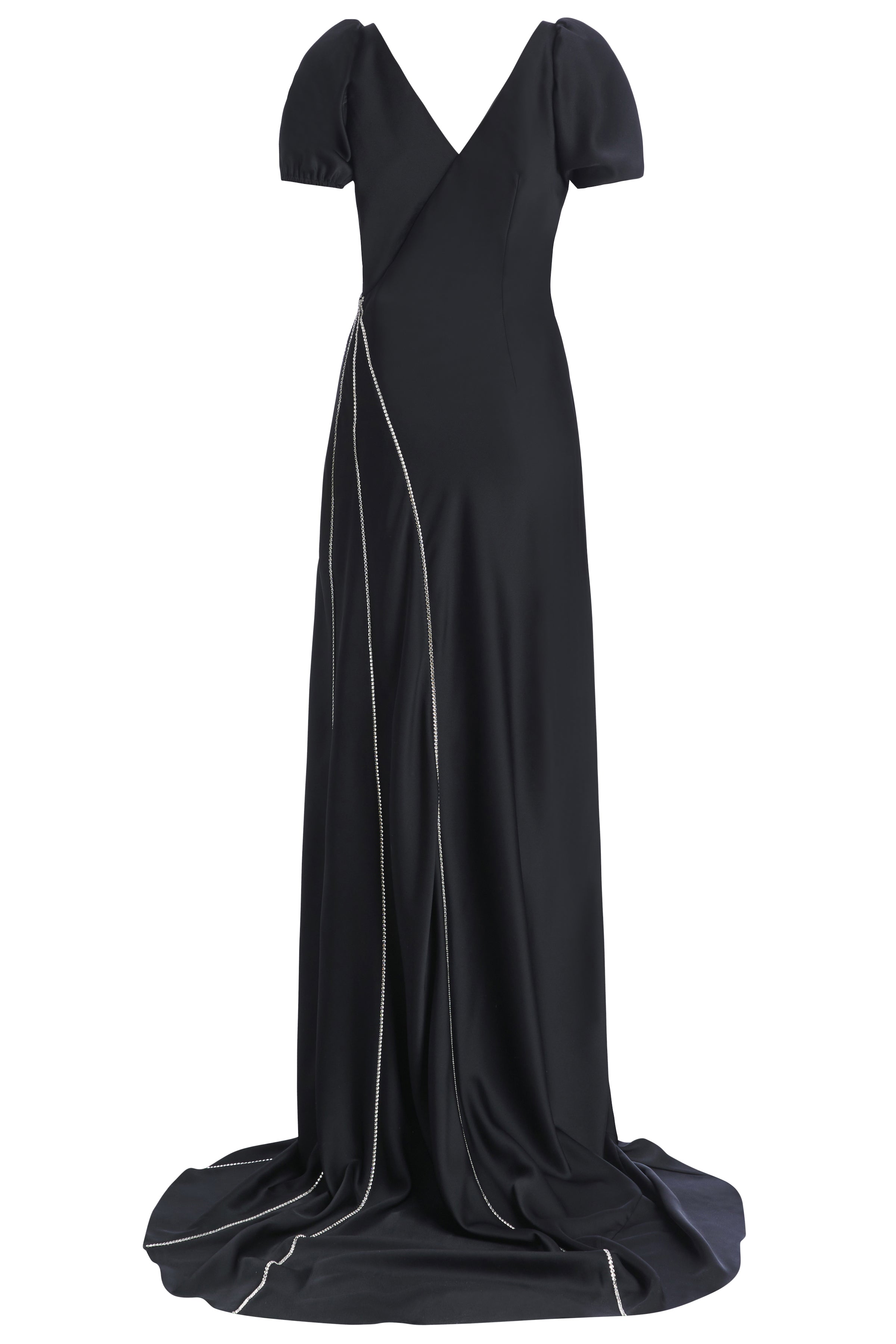 Maxine Black Puff Sleeve Crepe Gown With Swarovski Crystal Seam Details