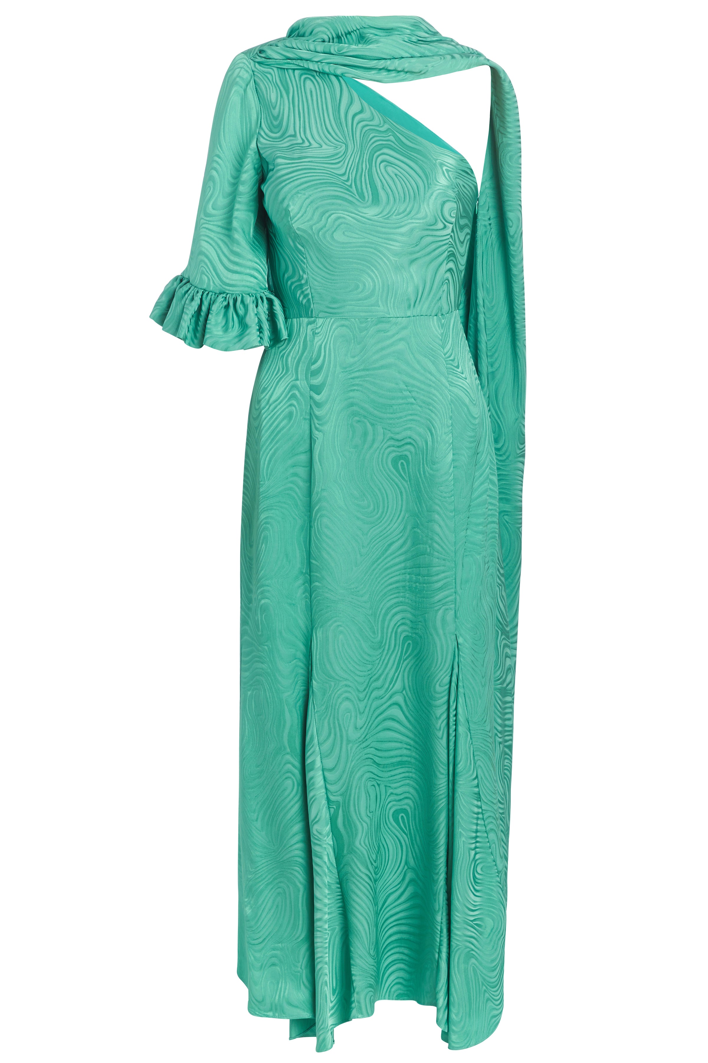 Fitzgerald Jade Woodcut Jacquard One Shoulder Ruffle Sleeve Midi Dress With Scarf