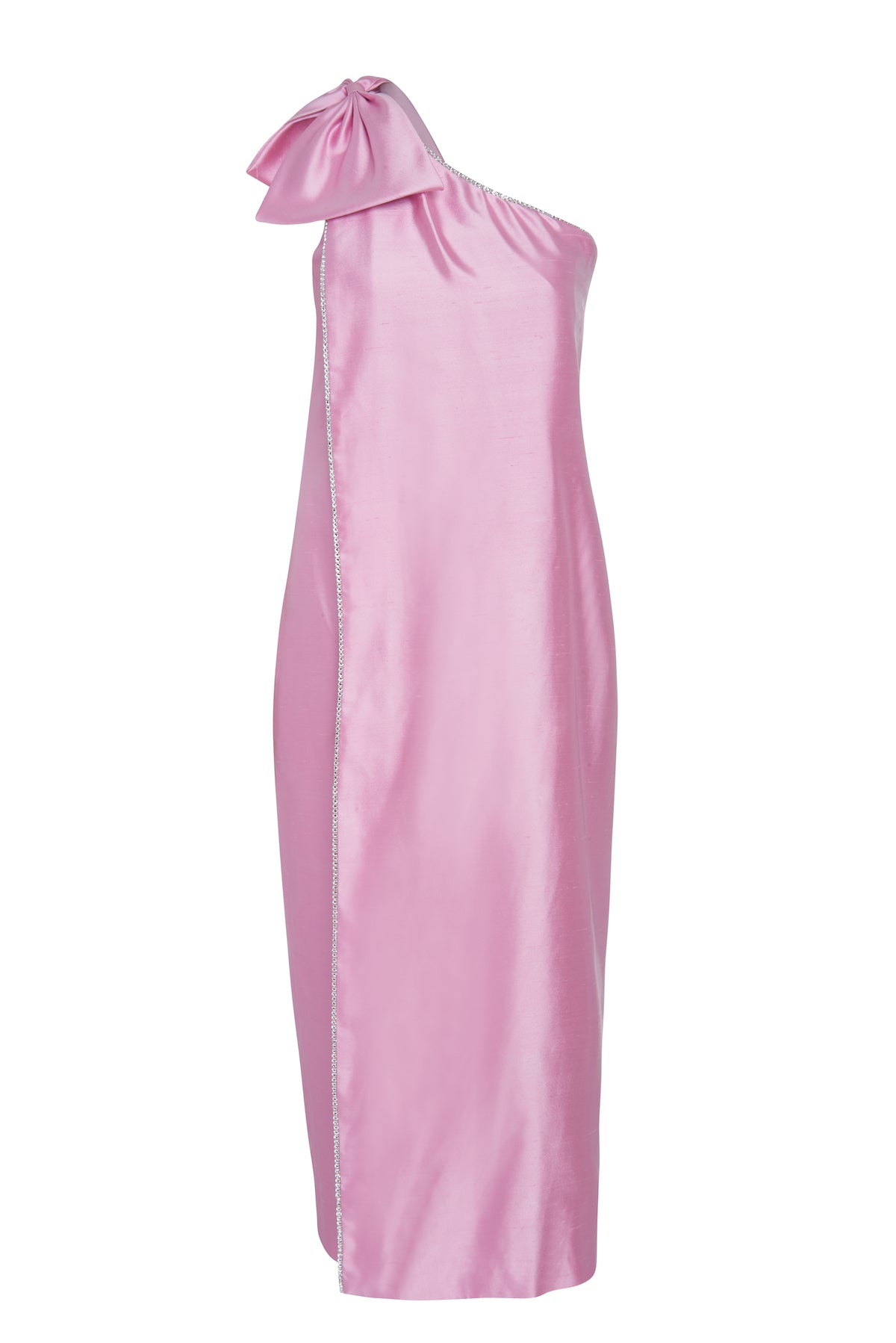 Melia Pink Silk One Shoulder Bow Dress with Crystal Trim