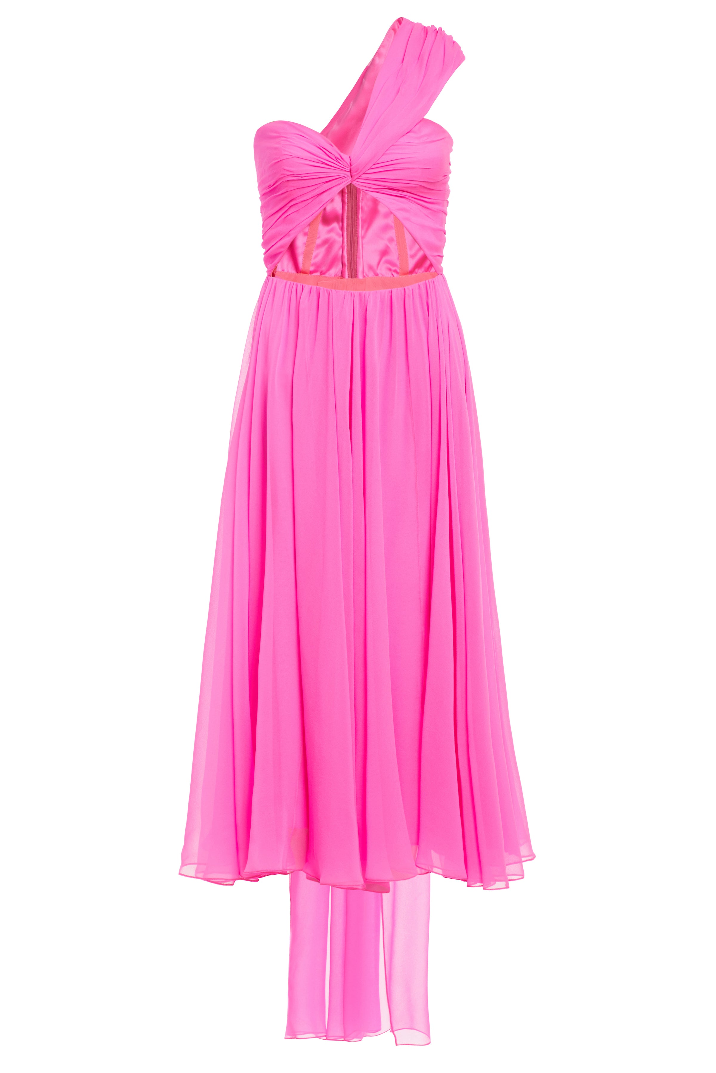 Pink Floral One Shoulder Draped Chiffon Dress