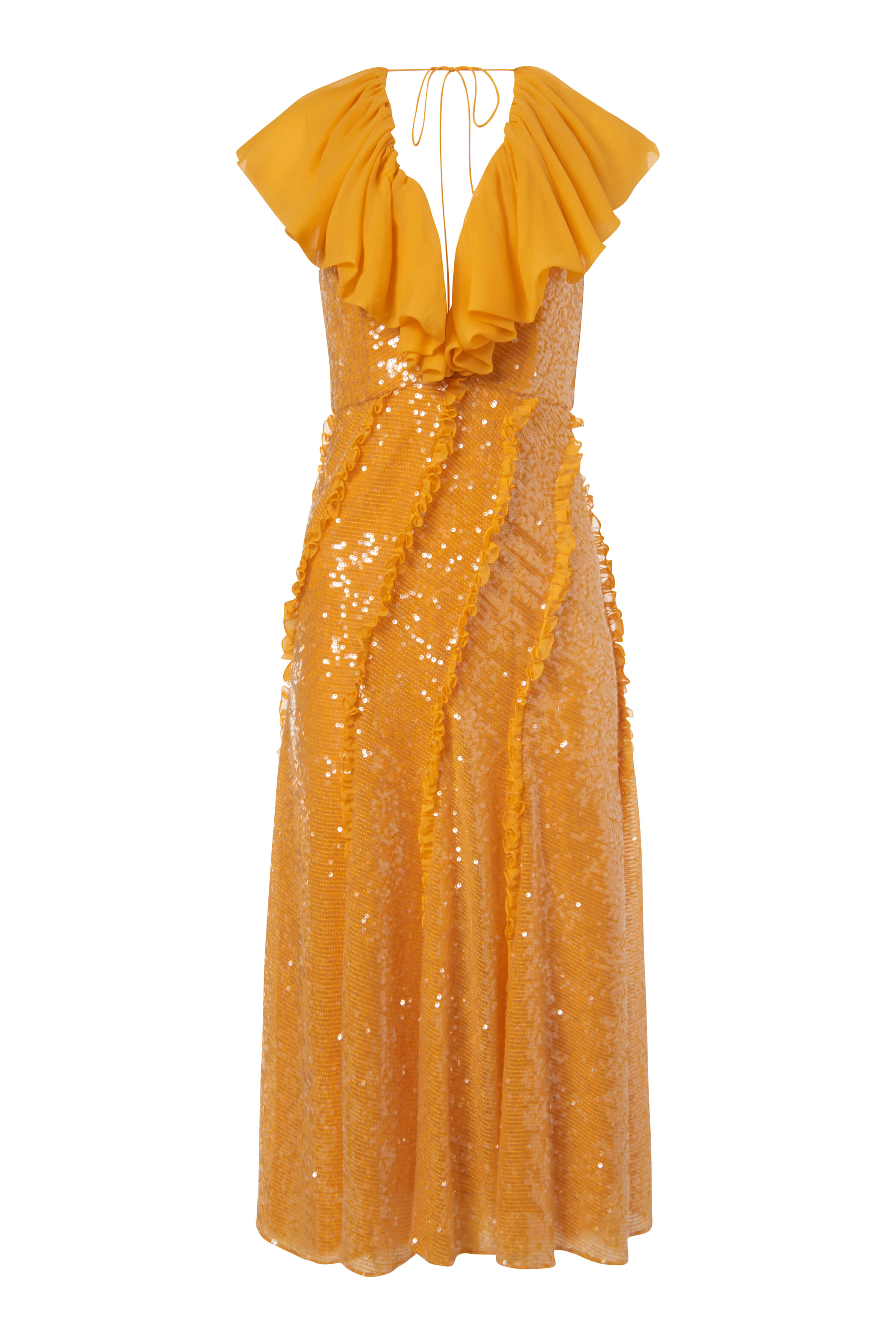Victoria Saffron Sequin Midi Dress With Chiffon Ruffle Sleeves And Godets