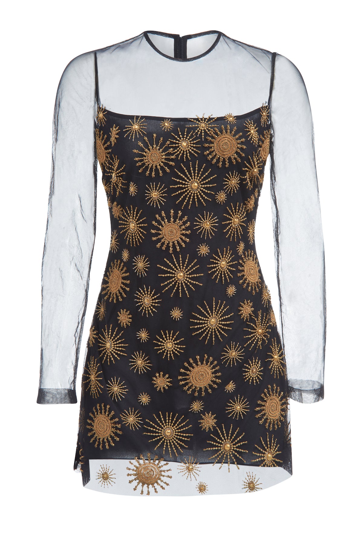 Protea Black Sheer Sleeve Hand Beaded Gold Starburst Mini Dress