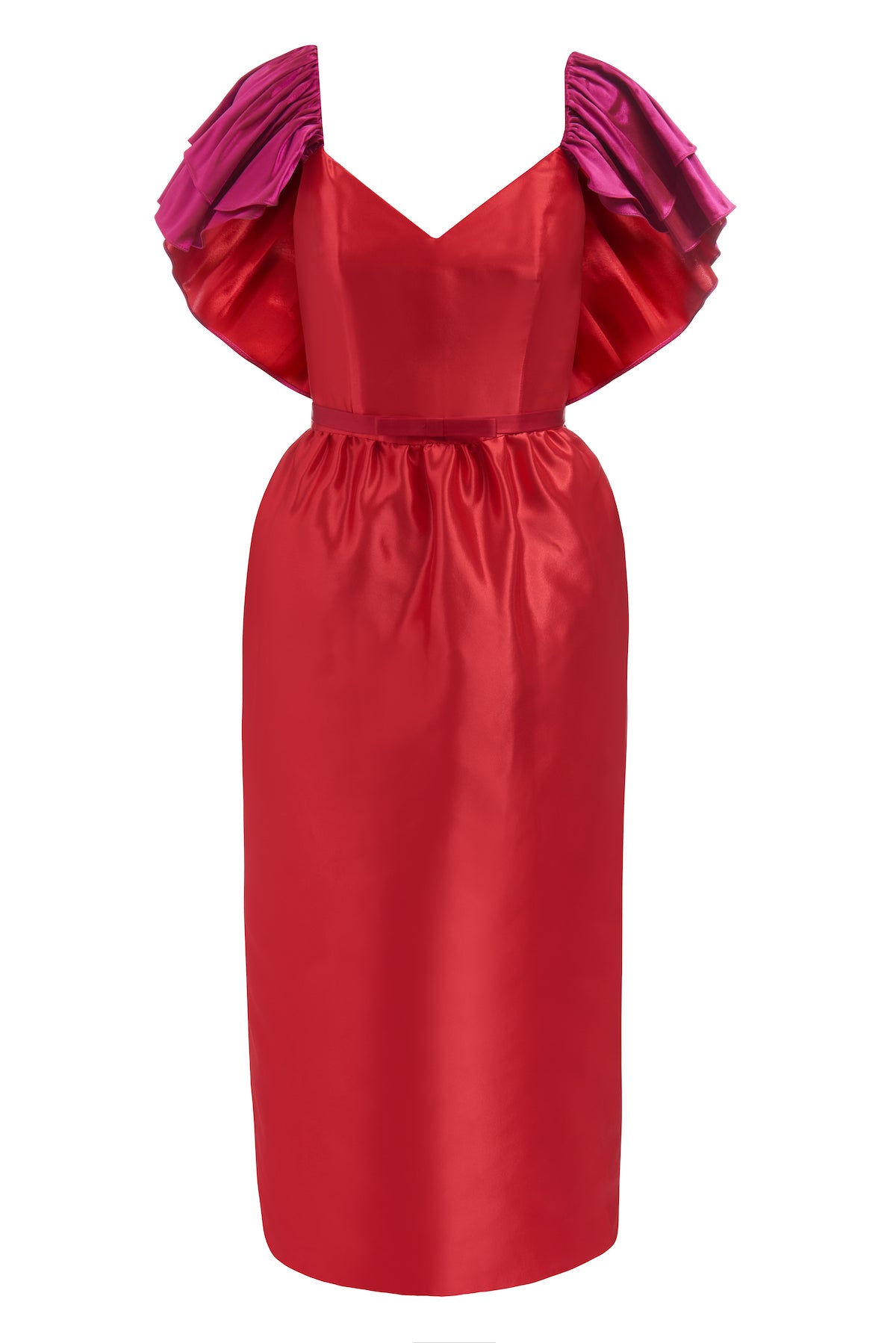 Roxie Red Midi Length Dress with Fuchsia Ruffle