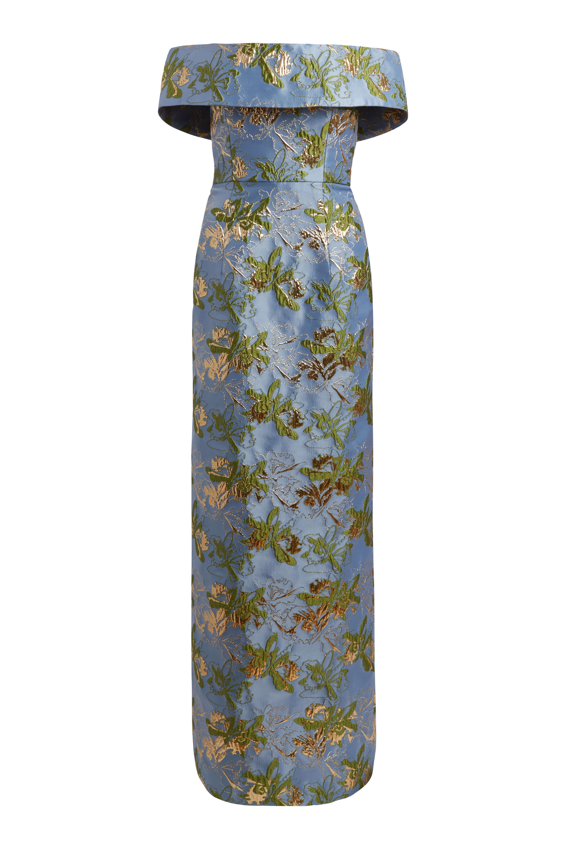 Clover Blue Metallic Brocade Off-The-Shoulder Column Gown