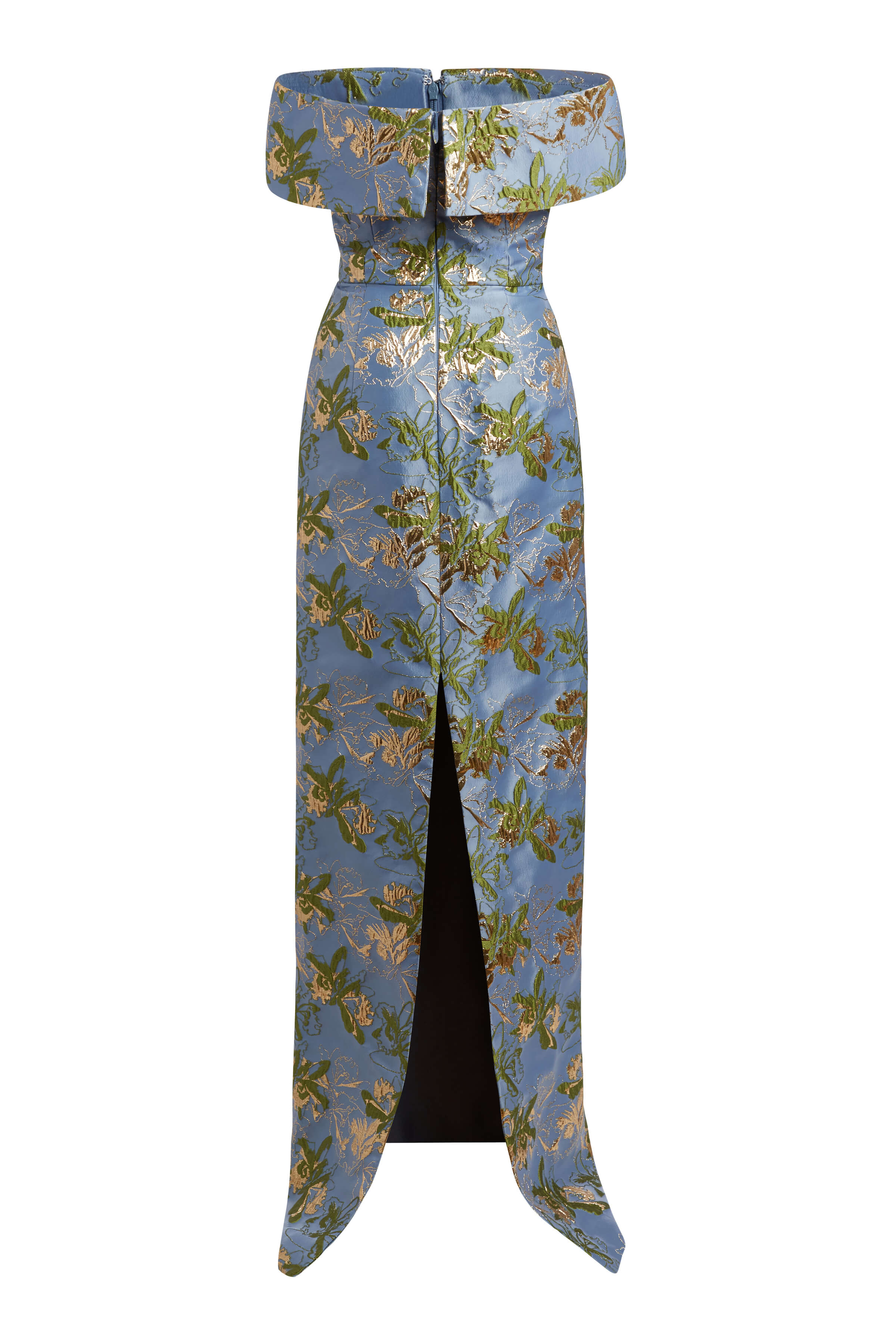 Clover Blue Metallic Brocade Off-The-Shoulder Column Gown