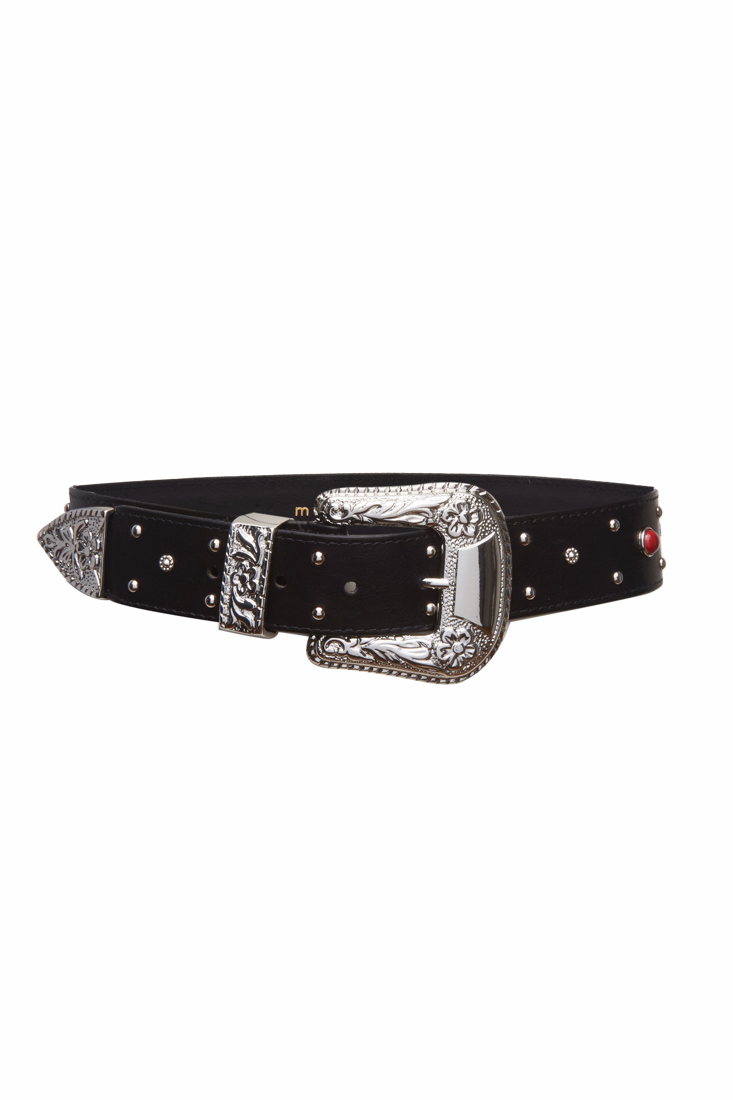Serendipity Black Leather Belt with Engraved Silver Buckle and Stones