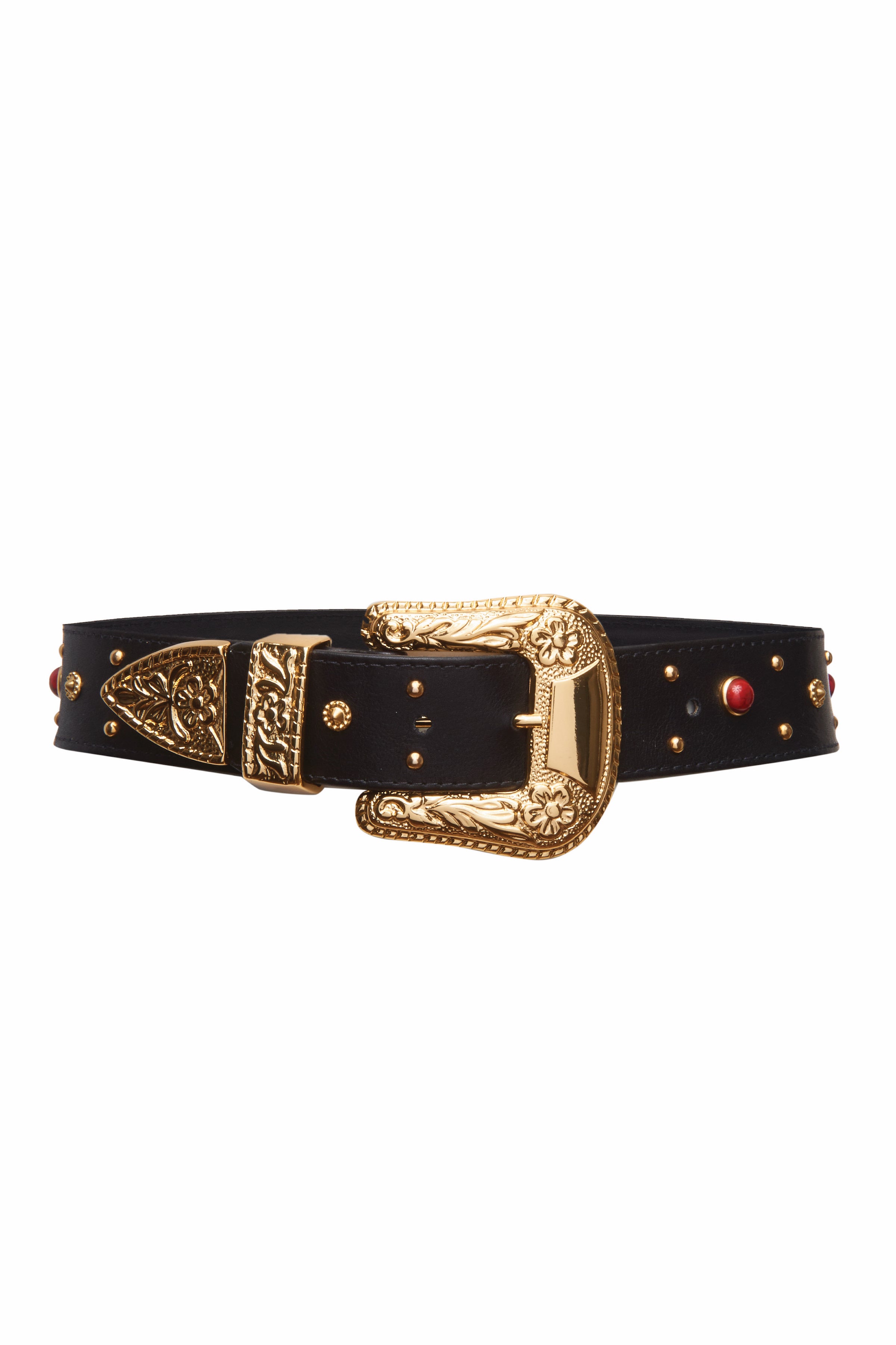 Serendipity Black Leather Belt with Engraved Gold Buckle and Stones