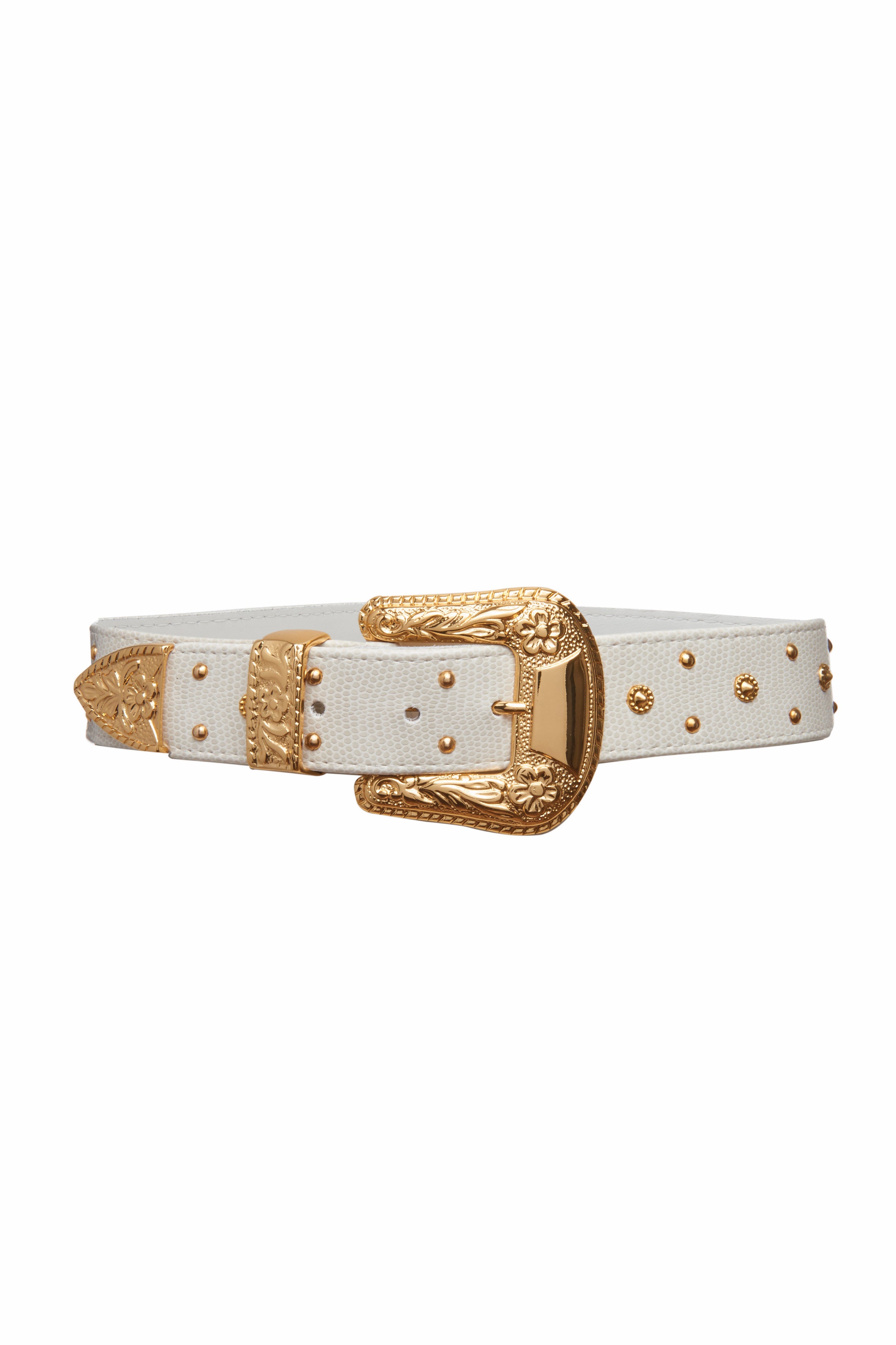 Serendipity White Leather Belt with Engraved Gold Buckle and Studs