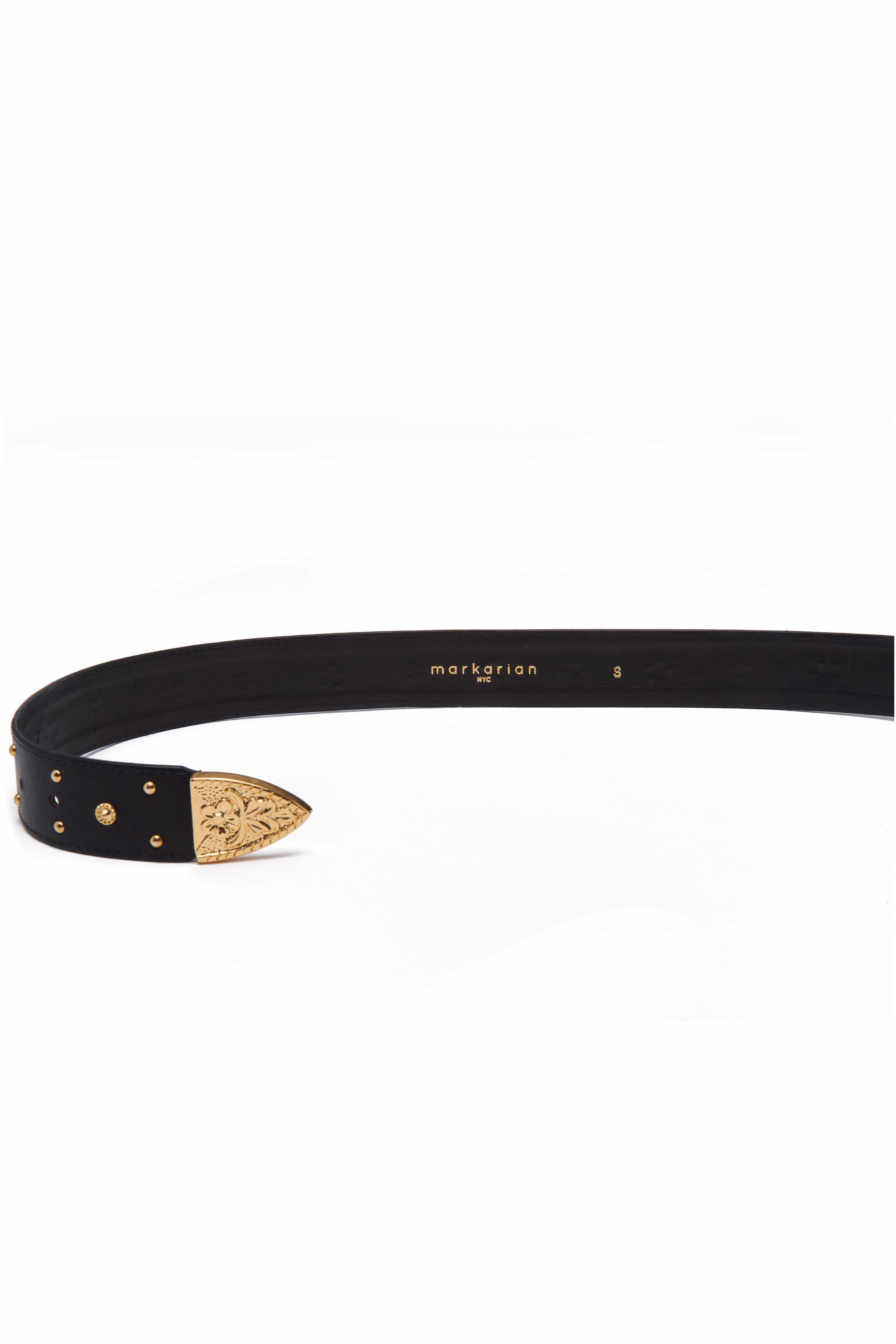 Serendipity Black Leather Belt with Engraved Gold Buckle and Stones