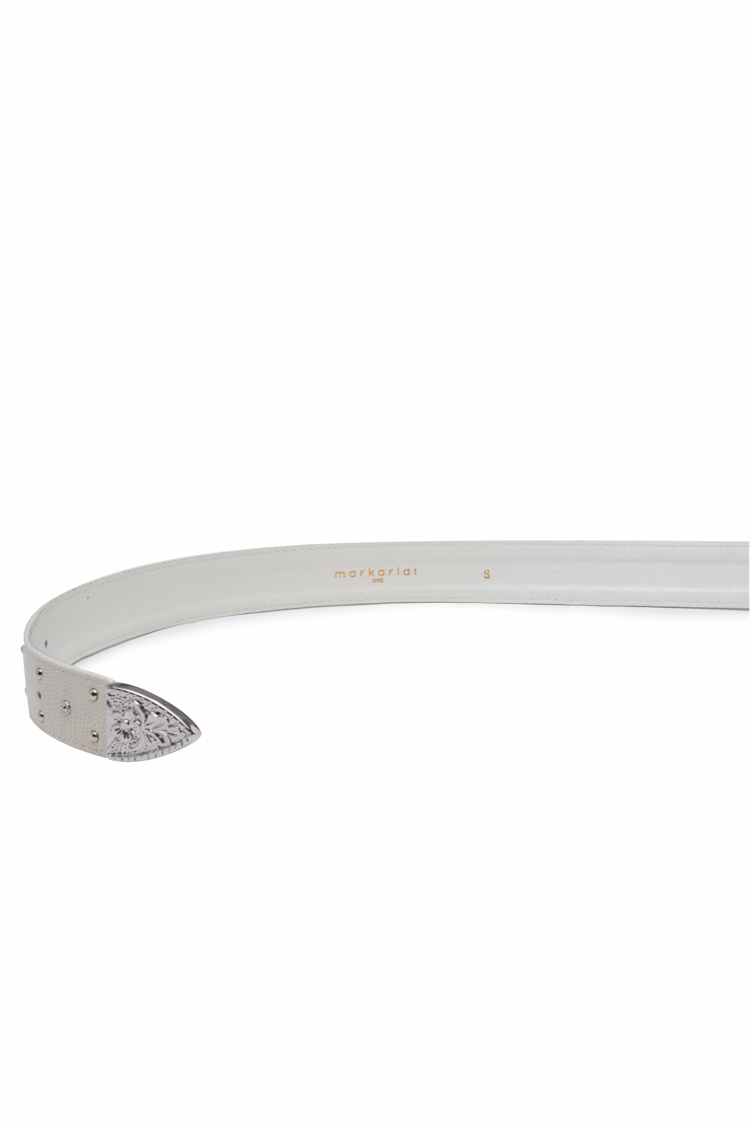 Serendipity White Leather Belt with Engraved Silver Buckle and Studs