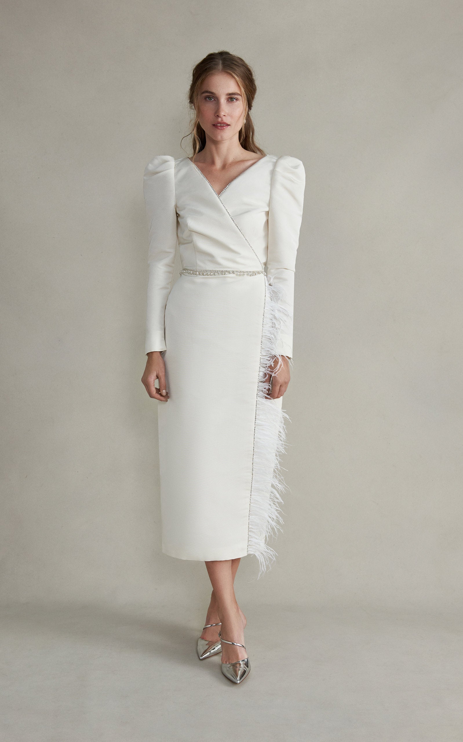 Artemis White Silk Dress with Feather Detailing