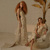 Evora Pink and Gold Floral Brocade Gown
