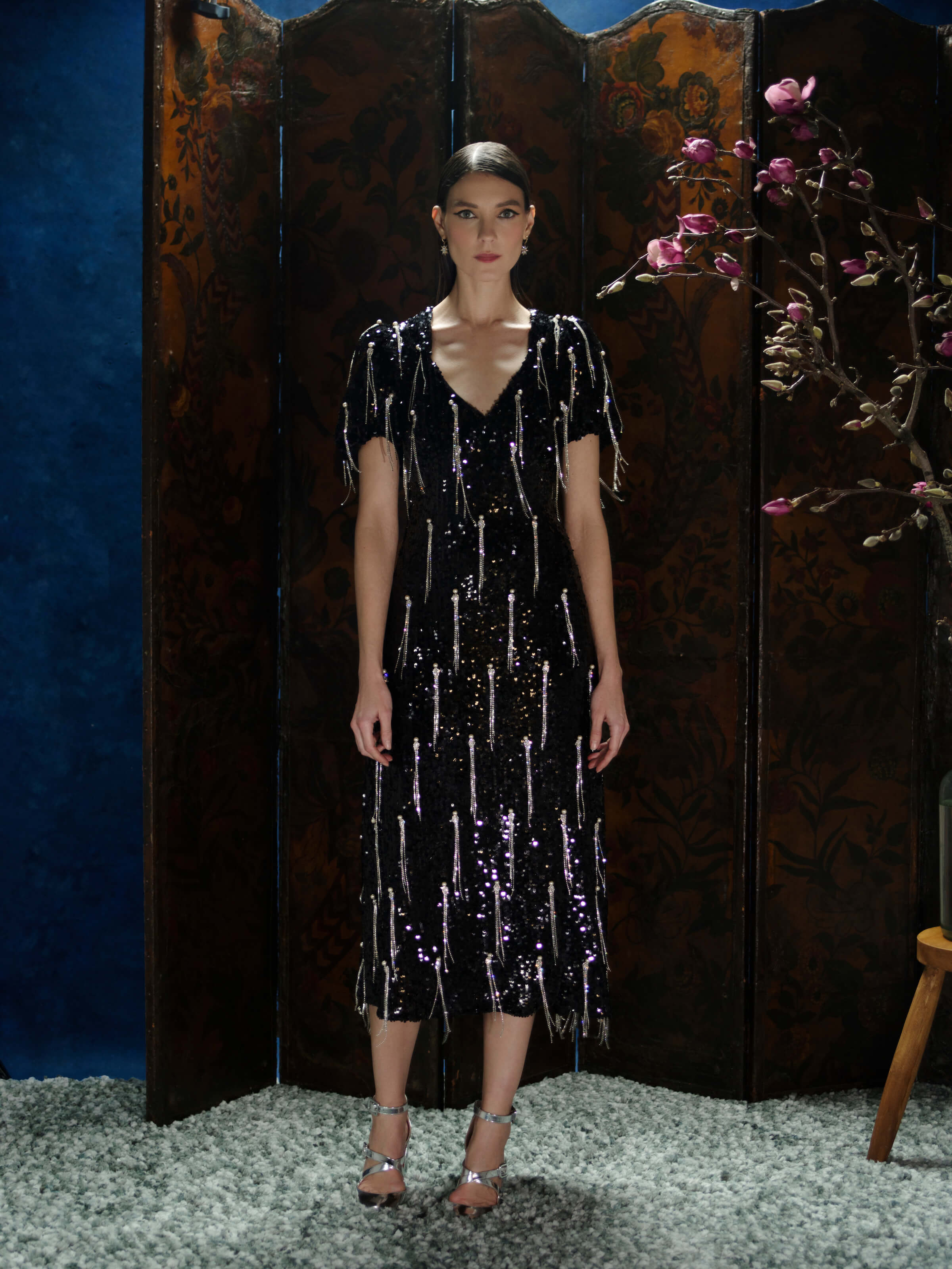 Lavinia Black Sequin Puff Sleeve Midi Dress With Crystal Tassel Details