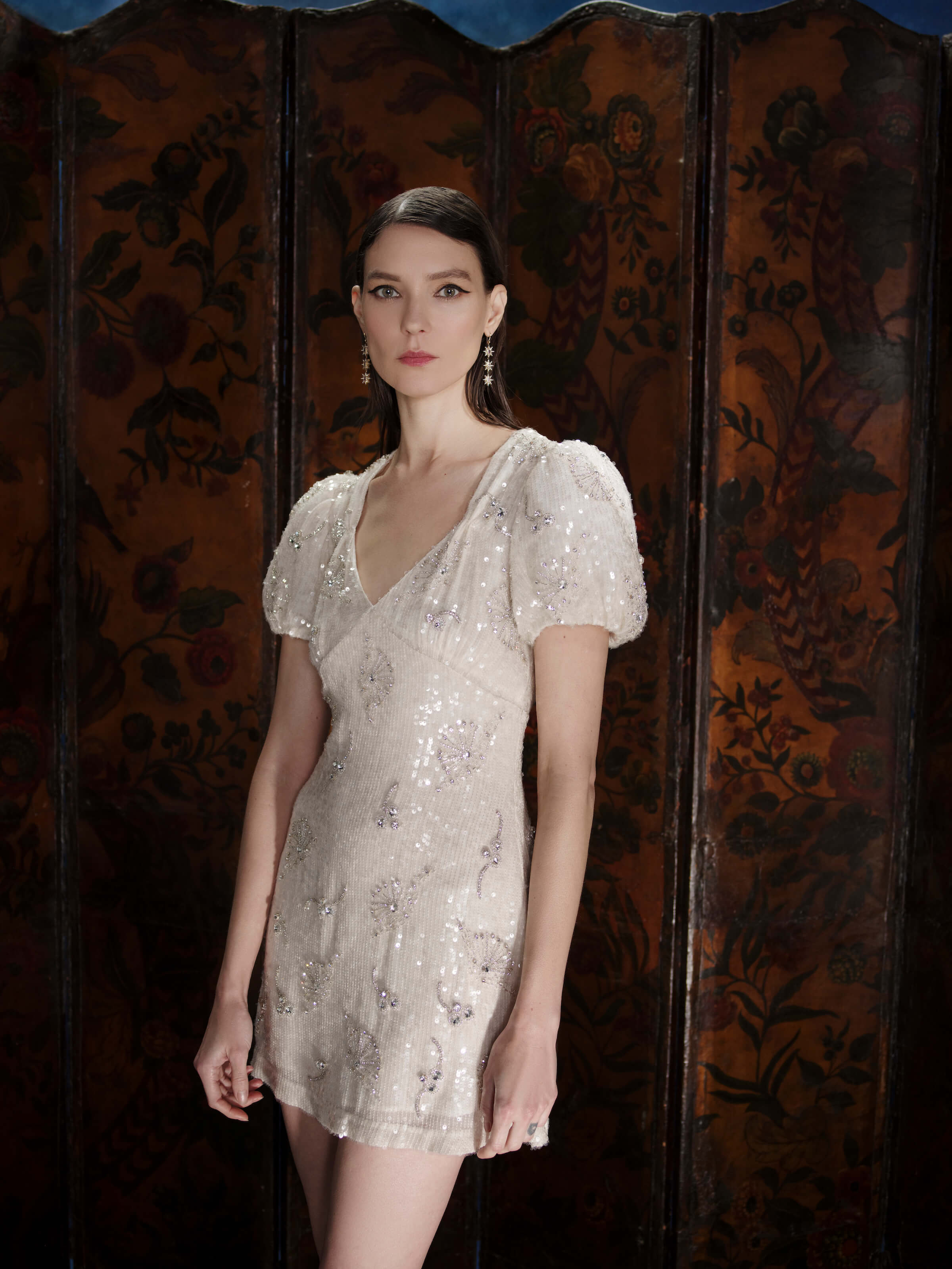 Draped crystal-embellished duchesse silk-satin mini dress