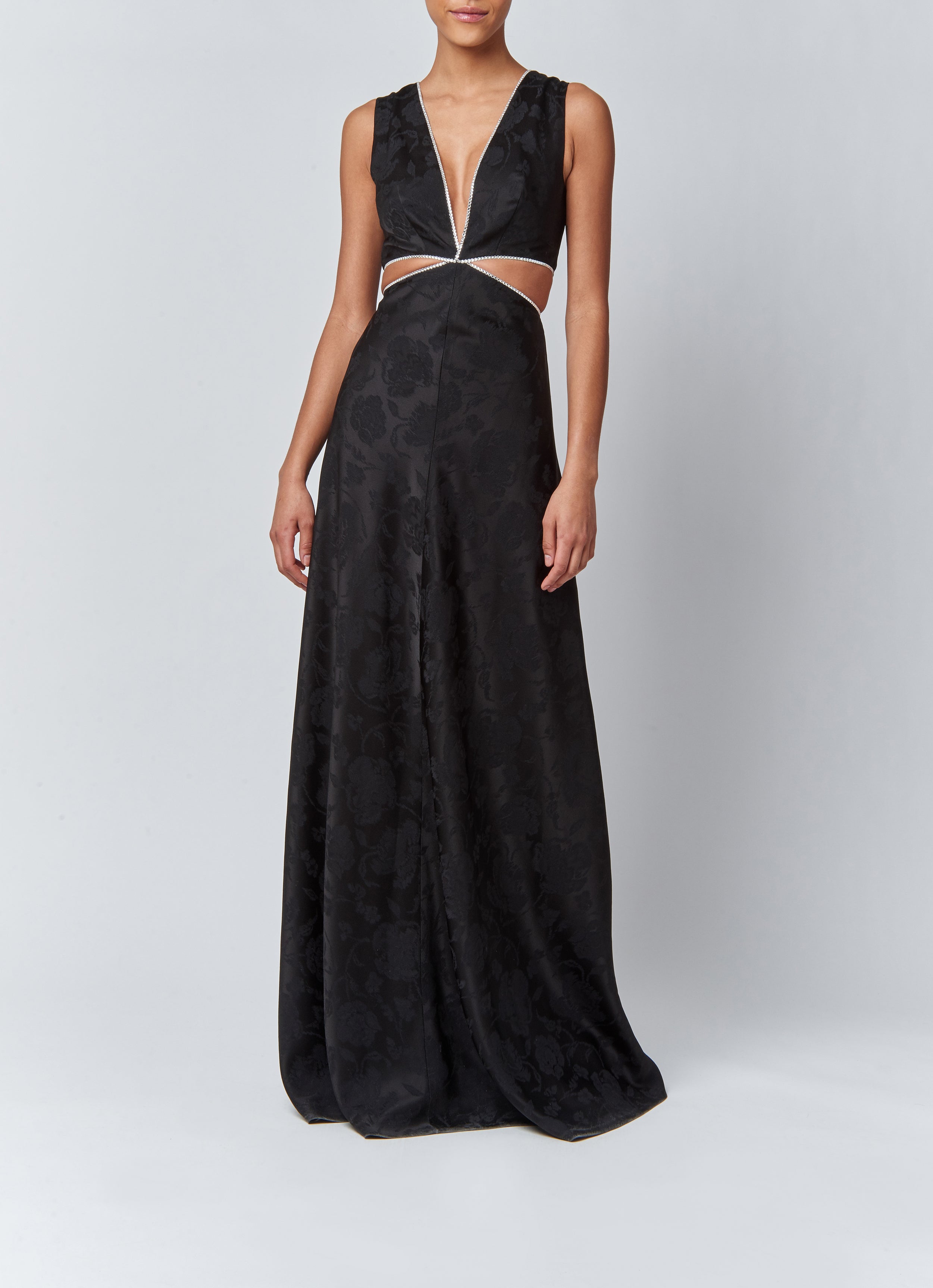 Pyrra Black Jacquard Cut Out Gown with Swarovski Crystal Trim